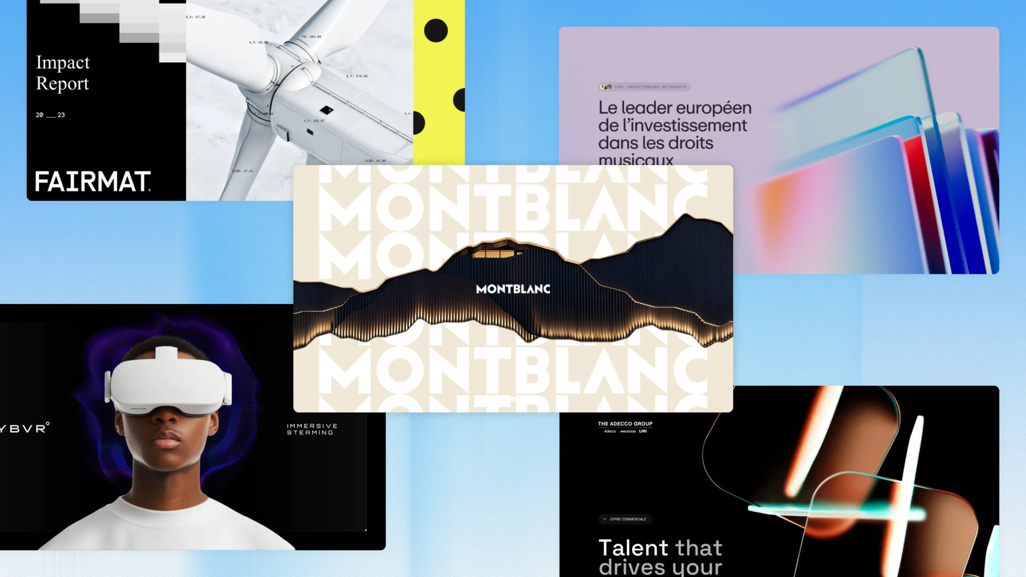 Exemples de pages de garde PowerPoint pour Fairmat, Montblanc, YBVR et Adecco