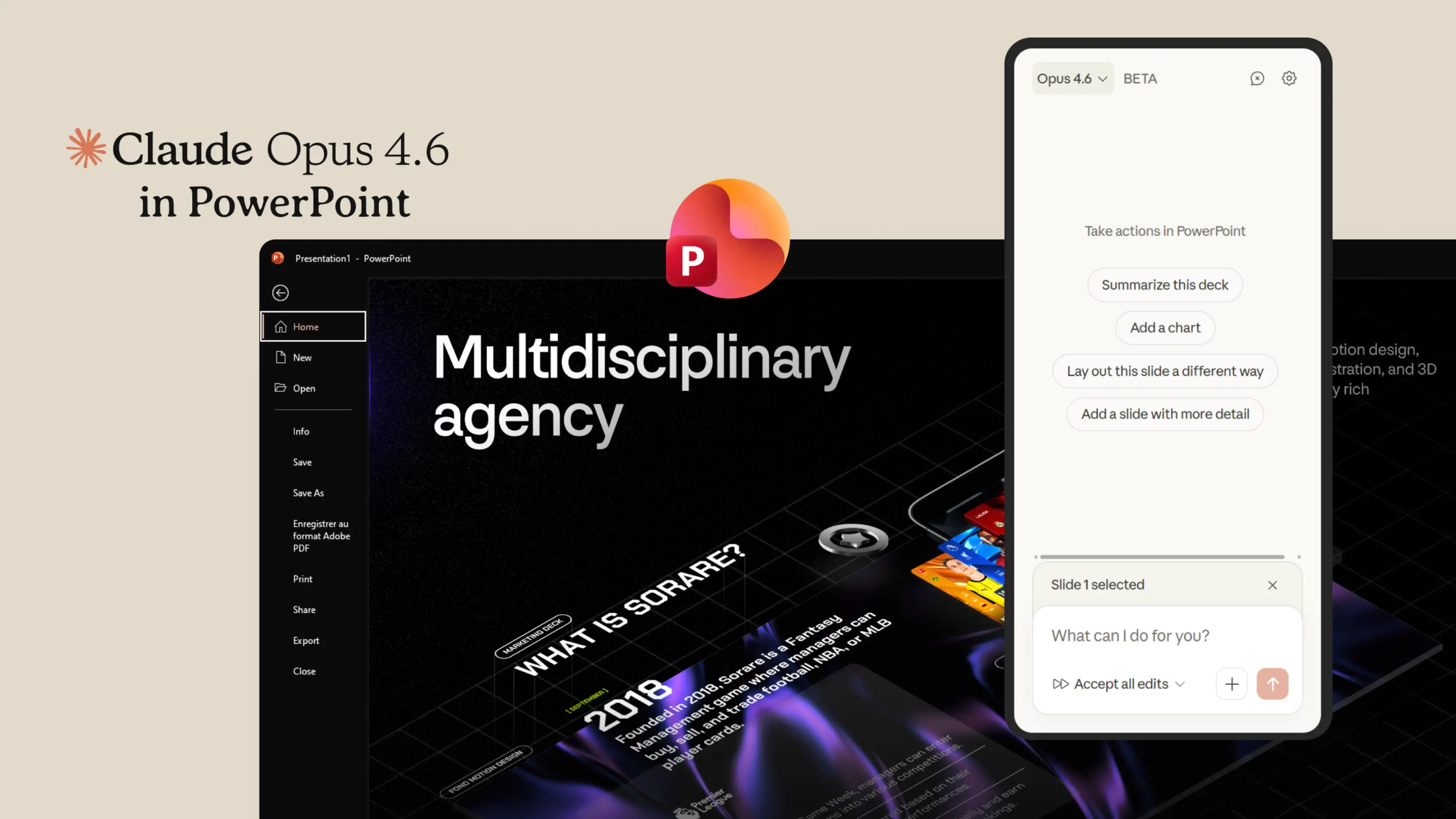 Interface de Claude Opus 4.6 intégré dans PowerPoint pour éditer une slide
