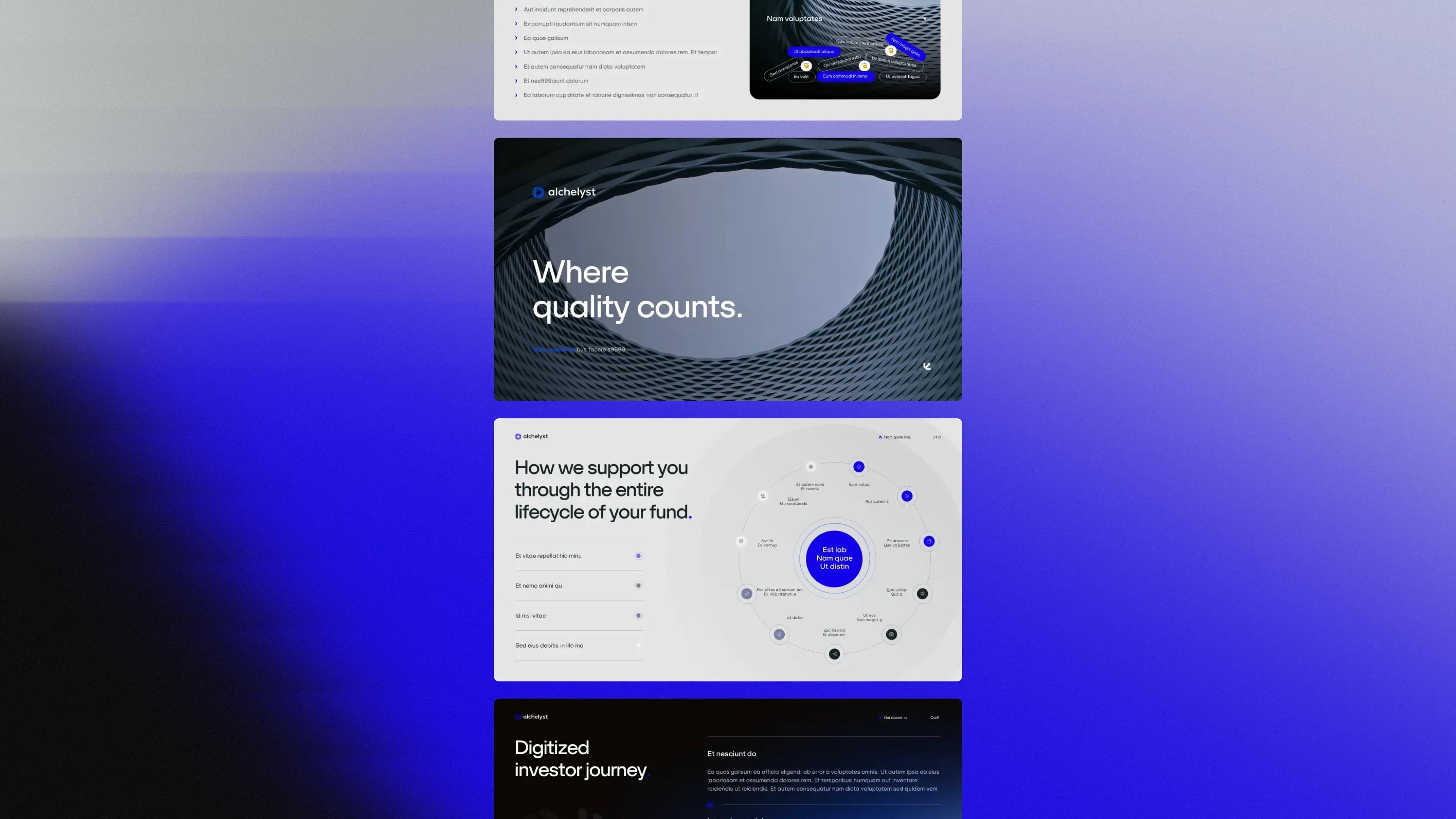 Alchelyst website slides illustrating a polished corporate identity for a fund administrator