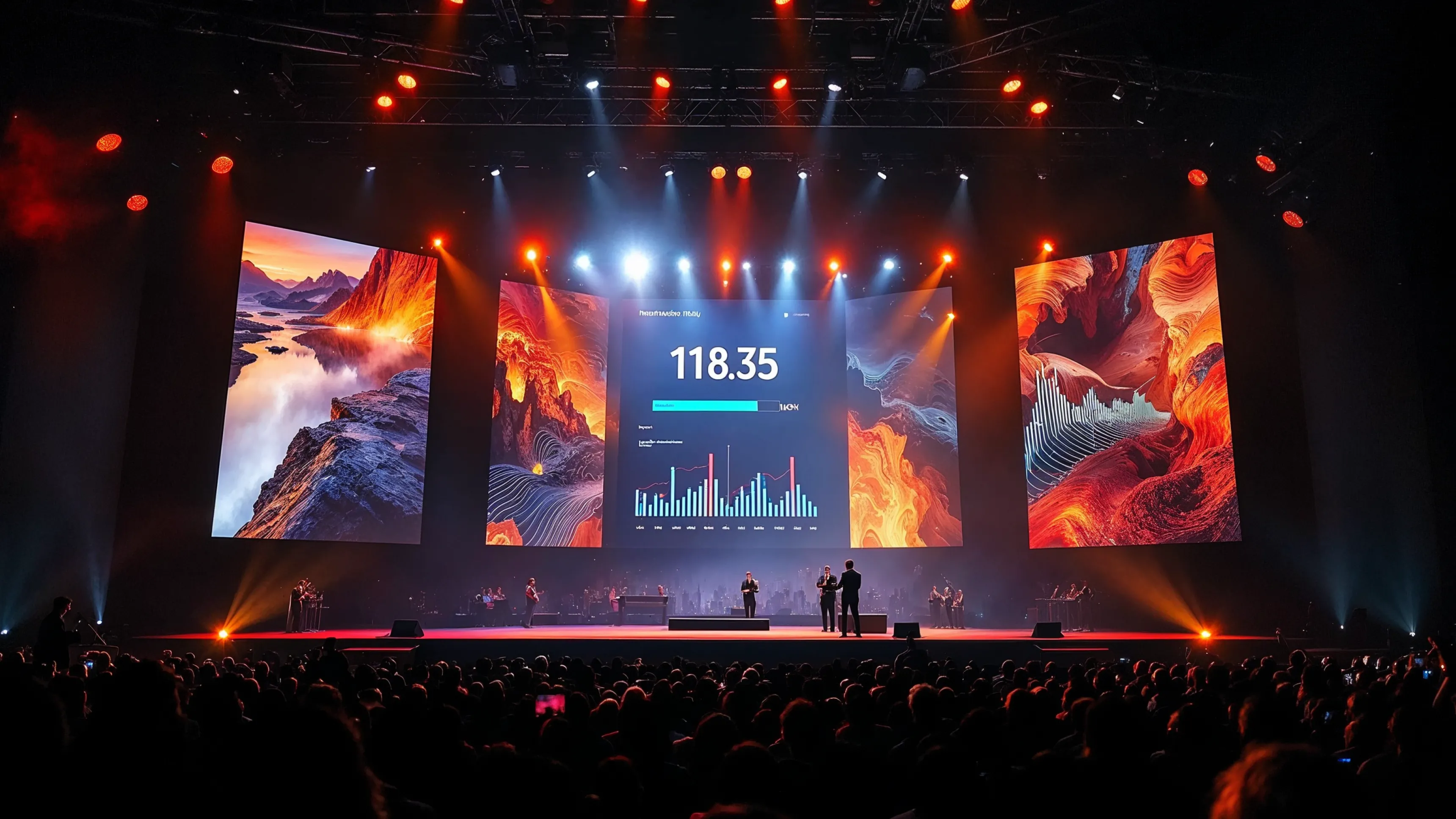 Conference stage with giant screens displaying data-driven charts and figures