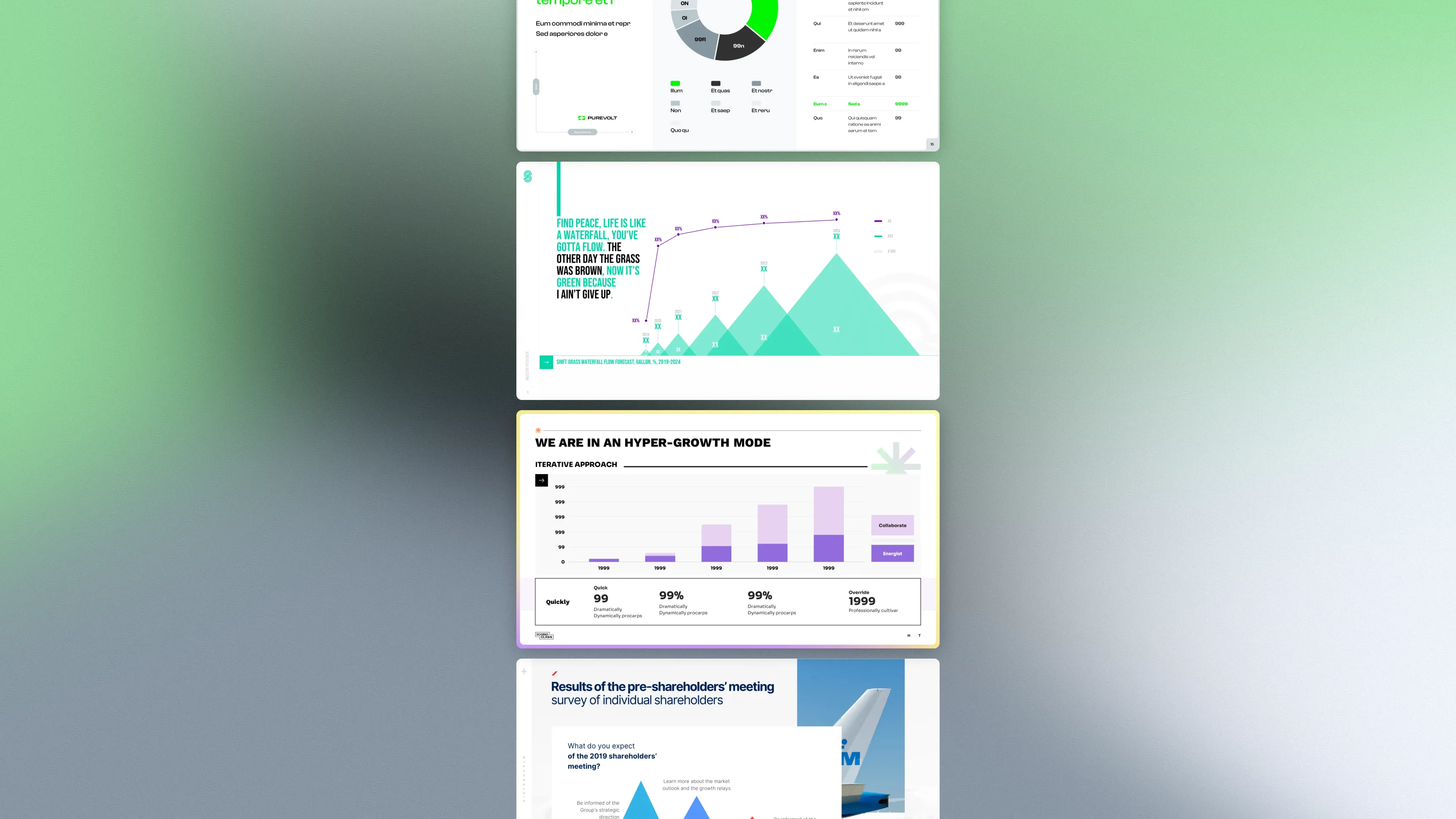 Financial slides with charts and growth indicators for a corporate report