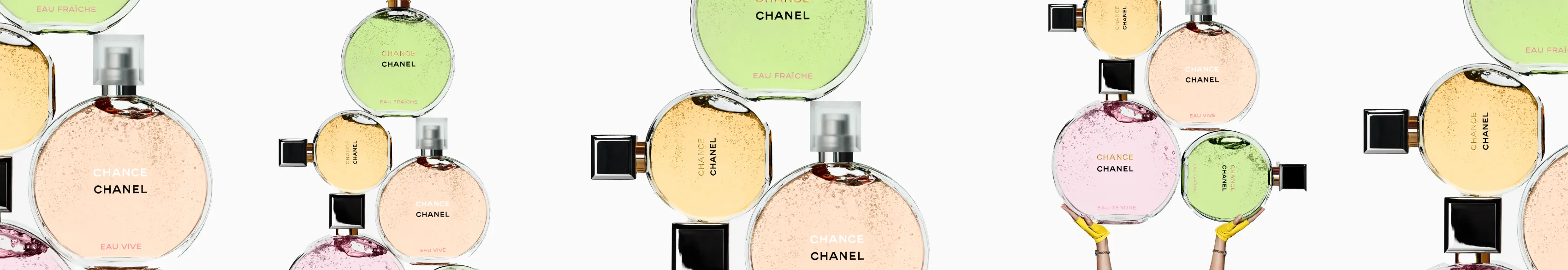 Flacons Chance Chanel aux teintes pastel disposés en cascade, slide de la production Chanel