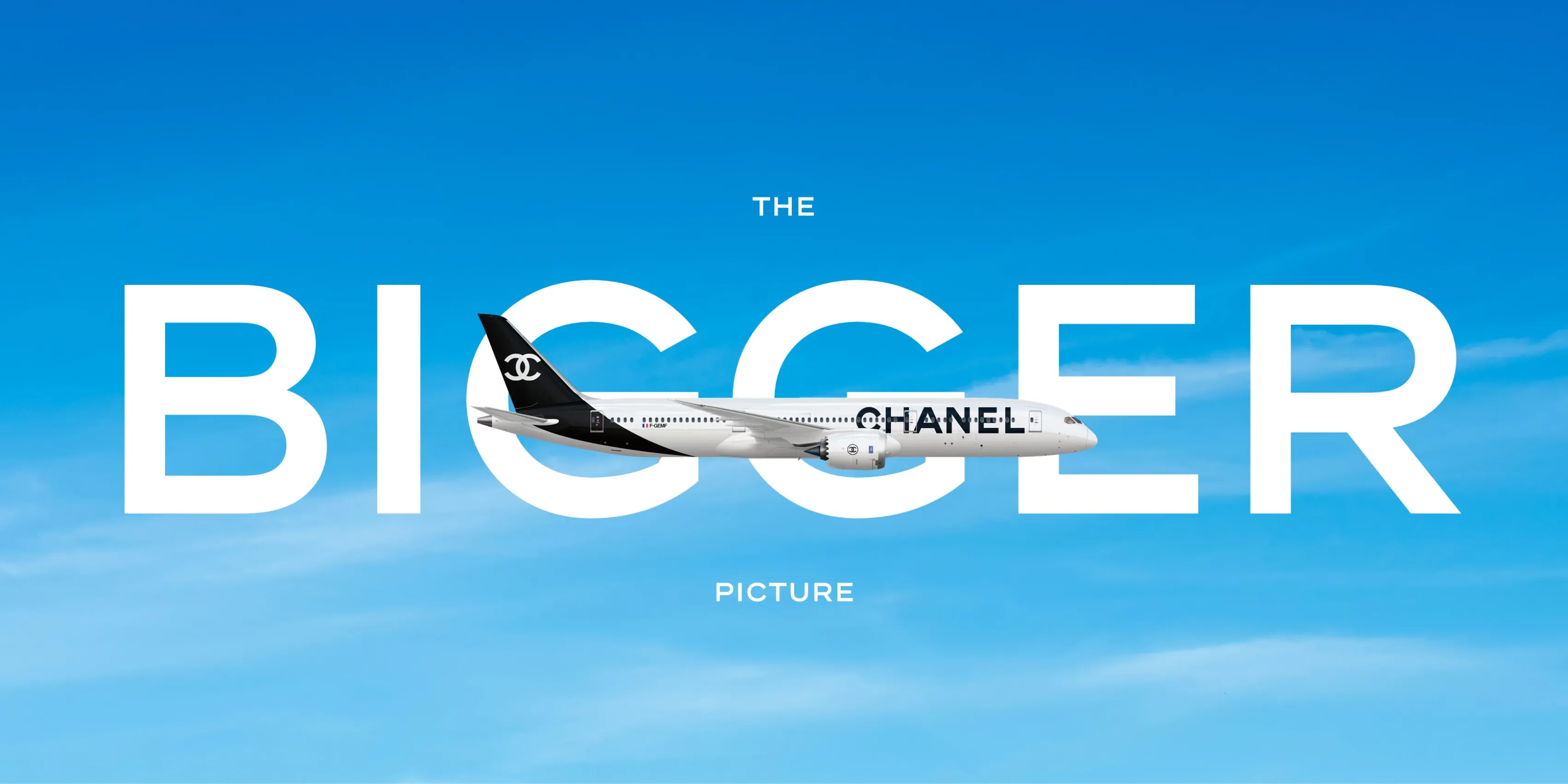 Slide de présentation "The Bigger Picture" avec avion aux couleurs Chanel réalisée par Slidor