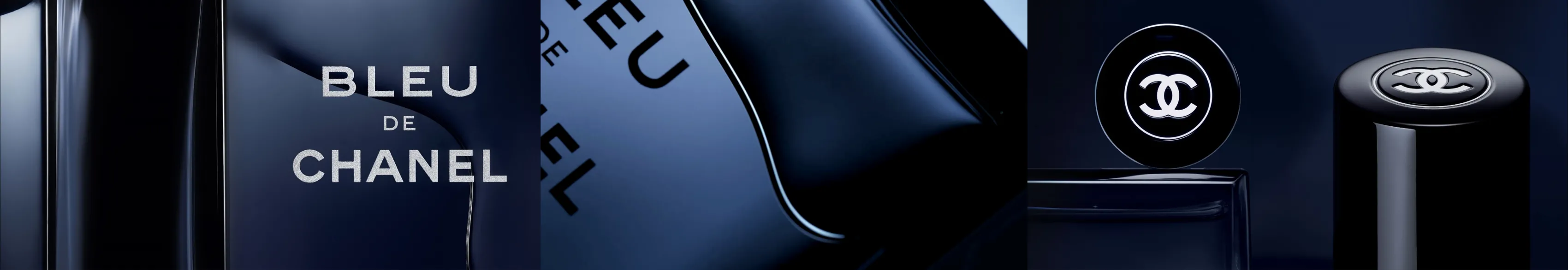 Gros plans du flacon Bleu de Chanel et de son bouchon CC, slide de la production Chanel