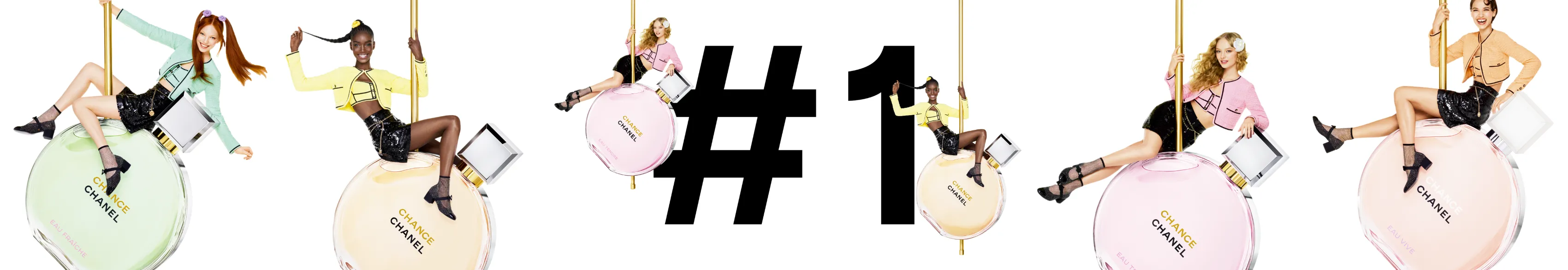 Mannequins assis sur des flacons géants Chance Chanel, slide de la production Chanel