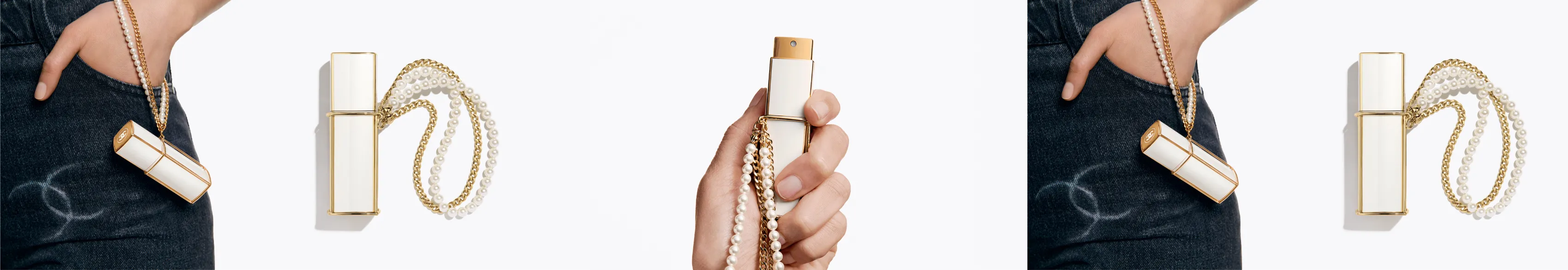 Vaporisateur blanc et or Chanel tenu à la main avec collier de perles, slide de la production Chanel