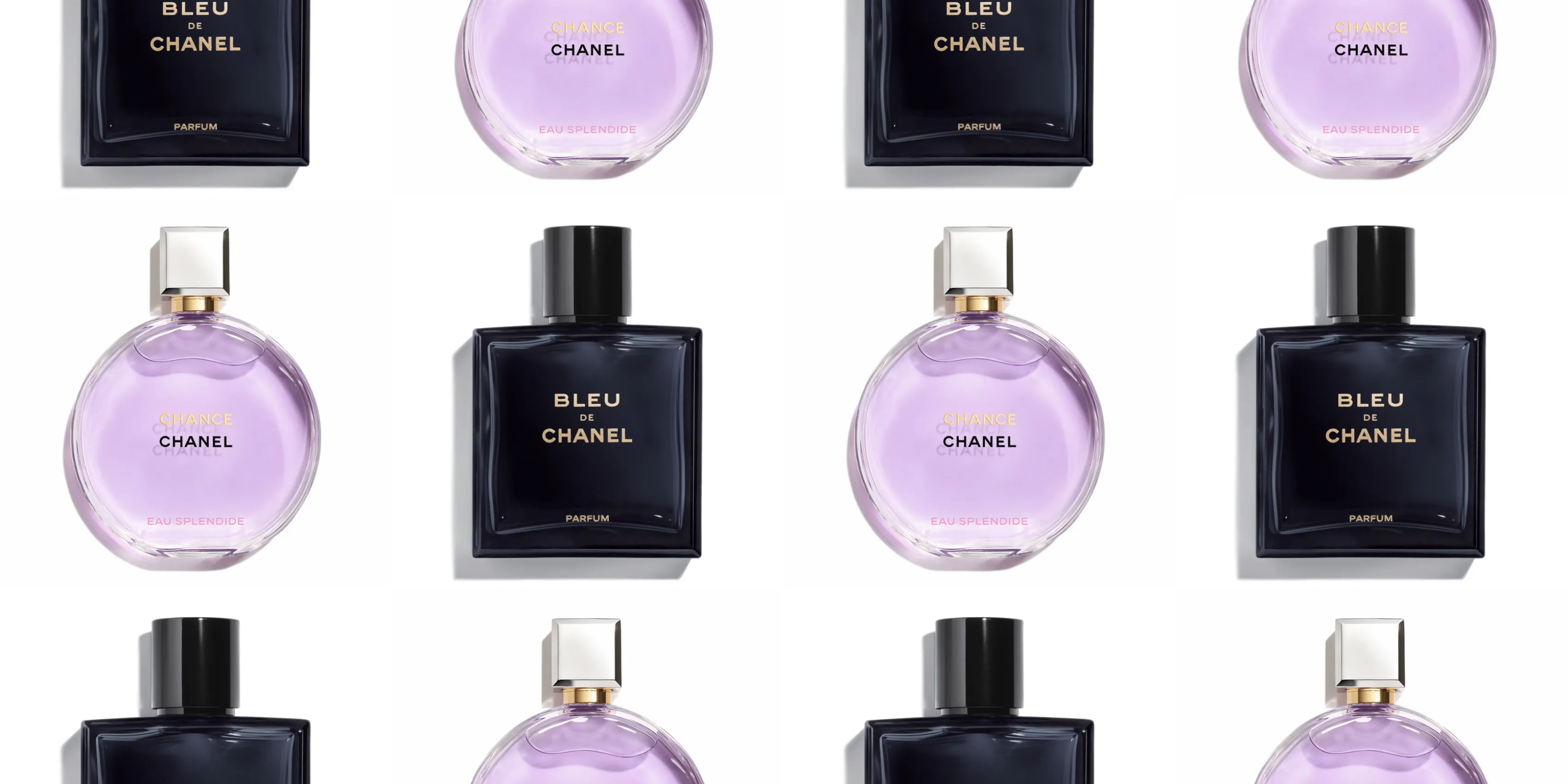 Mosaïque de flacons Chance et Bleu de Chanel vus du dessus, slide de la production Chanel