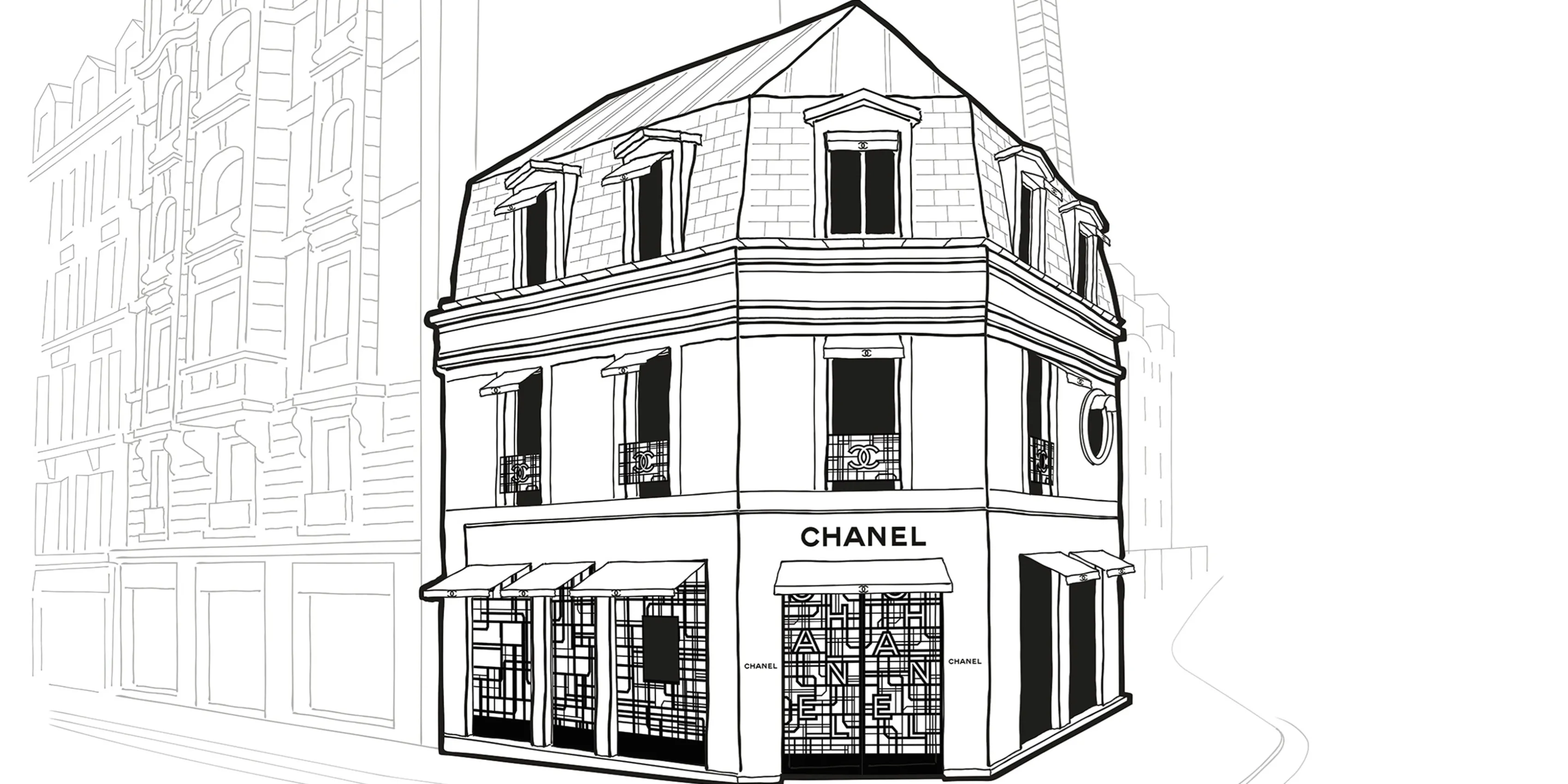 Illustration de la boutique Chanel façon carnet de croquis architectural, slide de la production Chanel