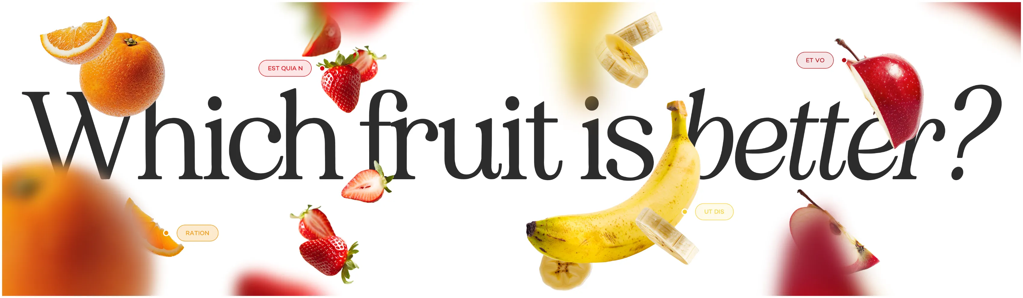 Slide from the Hilton production comparing an orange, banana, strawberry and apple, titled "Which fruit is better?"