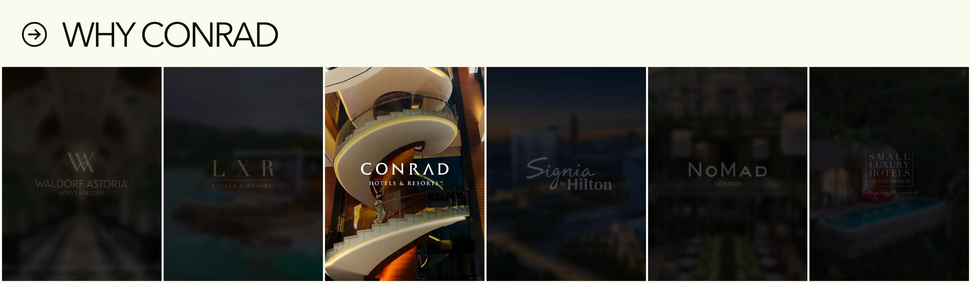 "Why Conrad" slide from the Hilton production with the group's brand logos over darkened photos