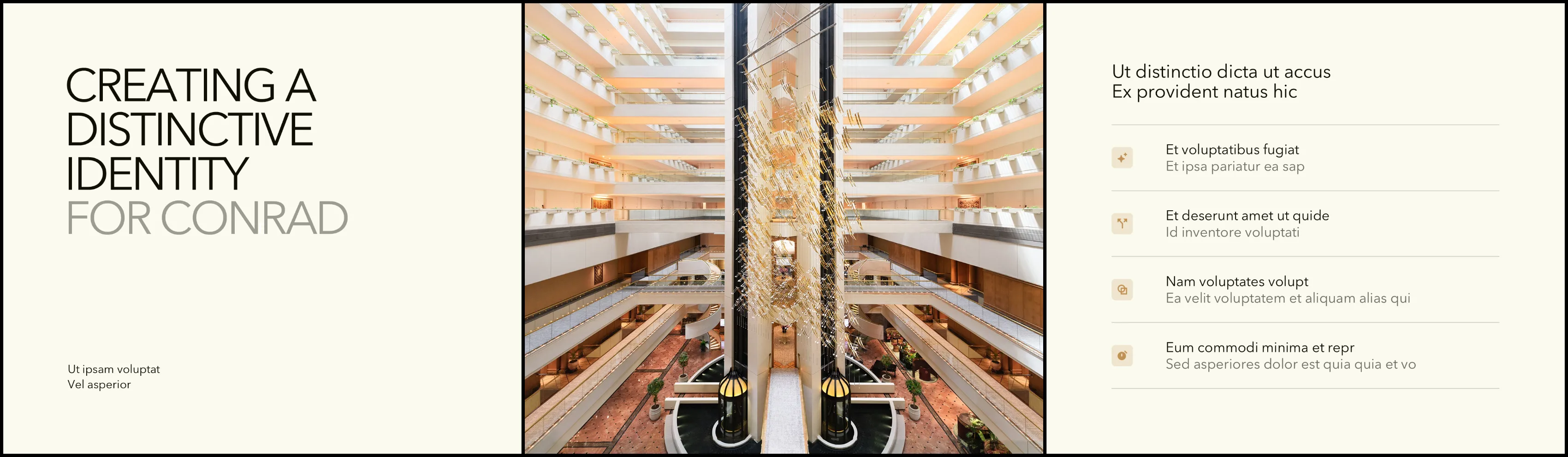 'Creating a Distinctive Identity for Conrad' slide showing a Conrad hotel atrium