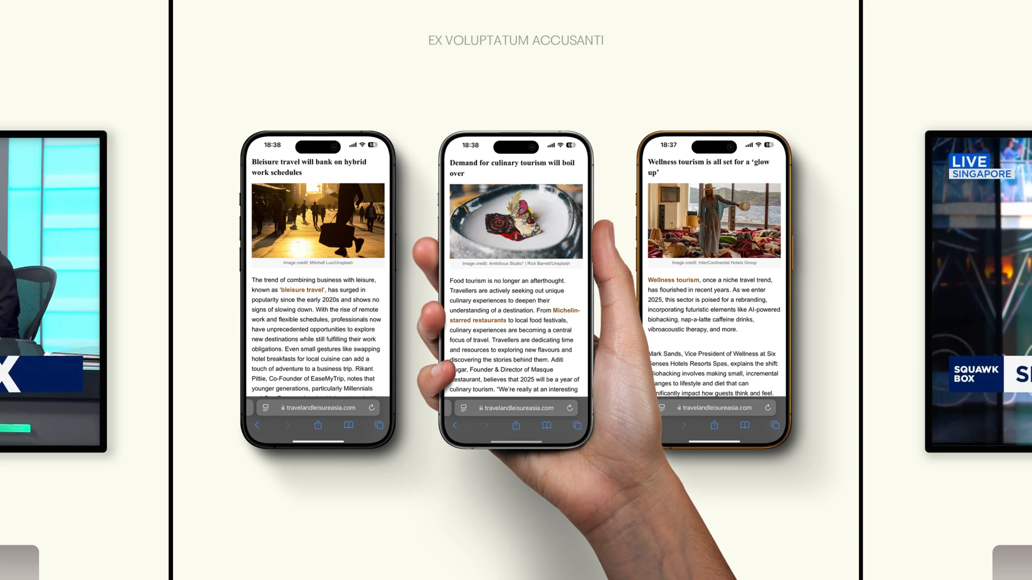 Slide from the Hilton presentation showing a hand holding three smartphones displaying press articles on luxury travel trends