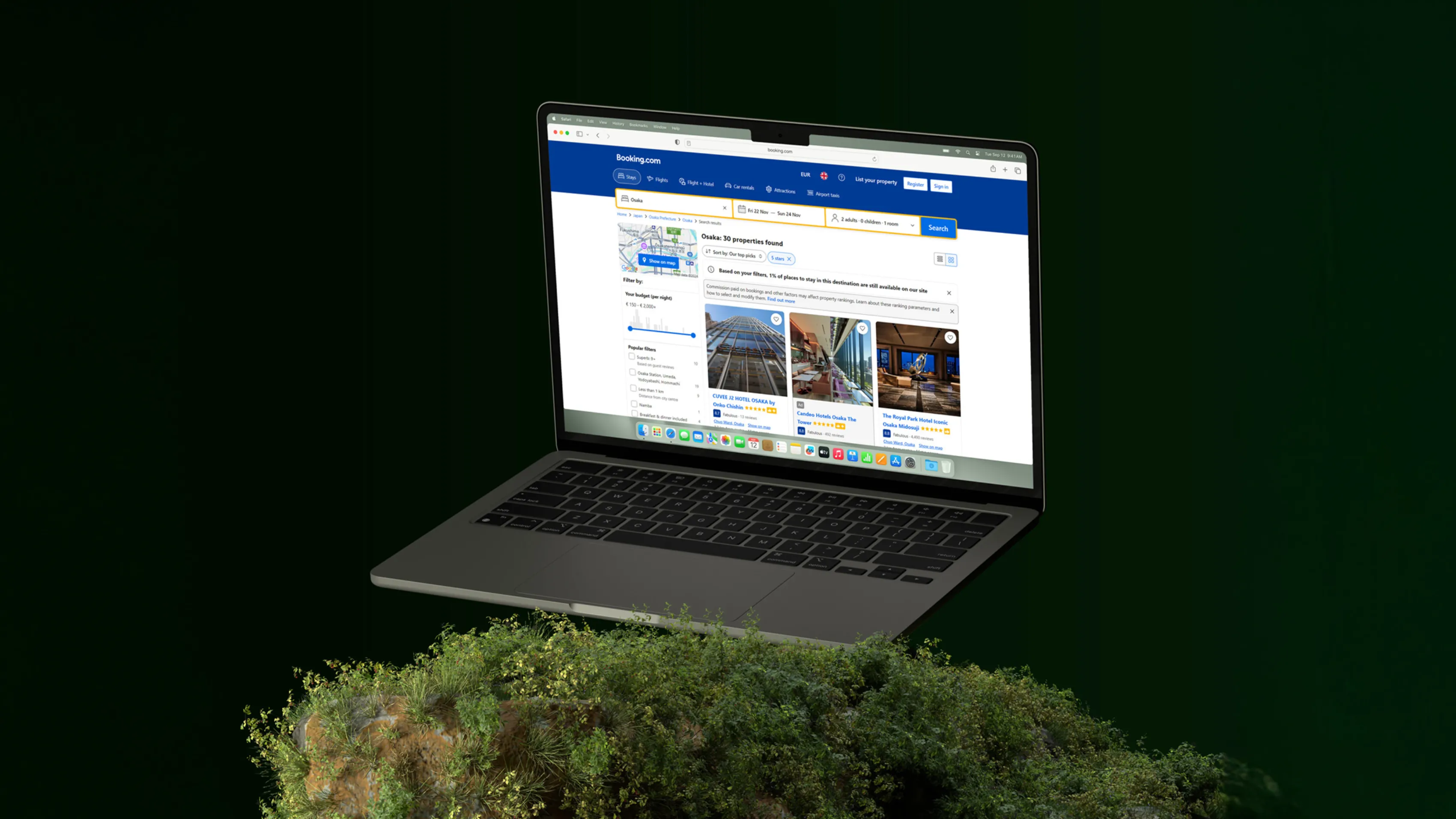 Slide from the Hilton presentation with a screenshot of a Booking.com hotel search shown on a laptop