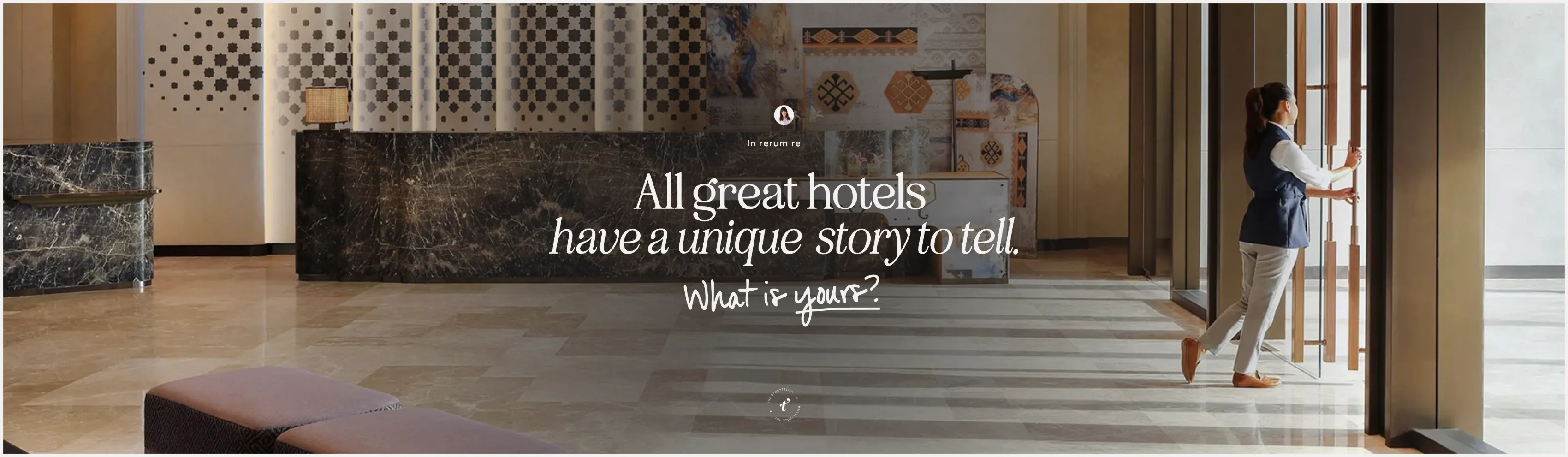 "All great hotels have a unique story to tell" slide from the Hilton production with a hotel lobby photo