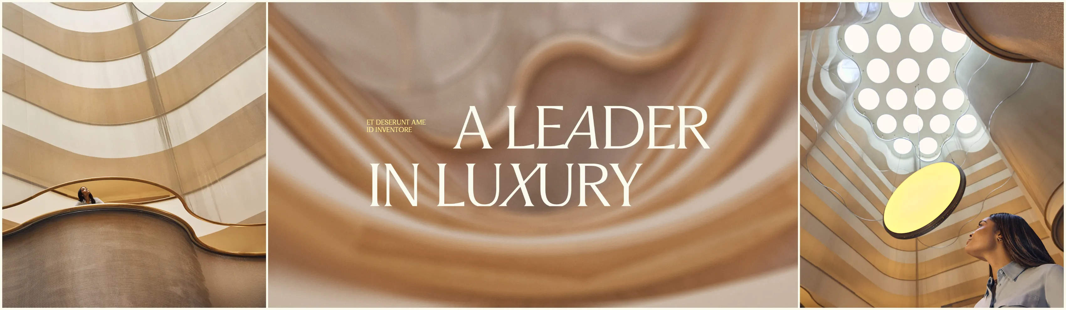 "A Leader in Luxury" slide from the Hilton production with interior views of a Conrad hotel's gold curved architecture