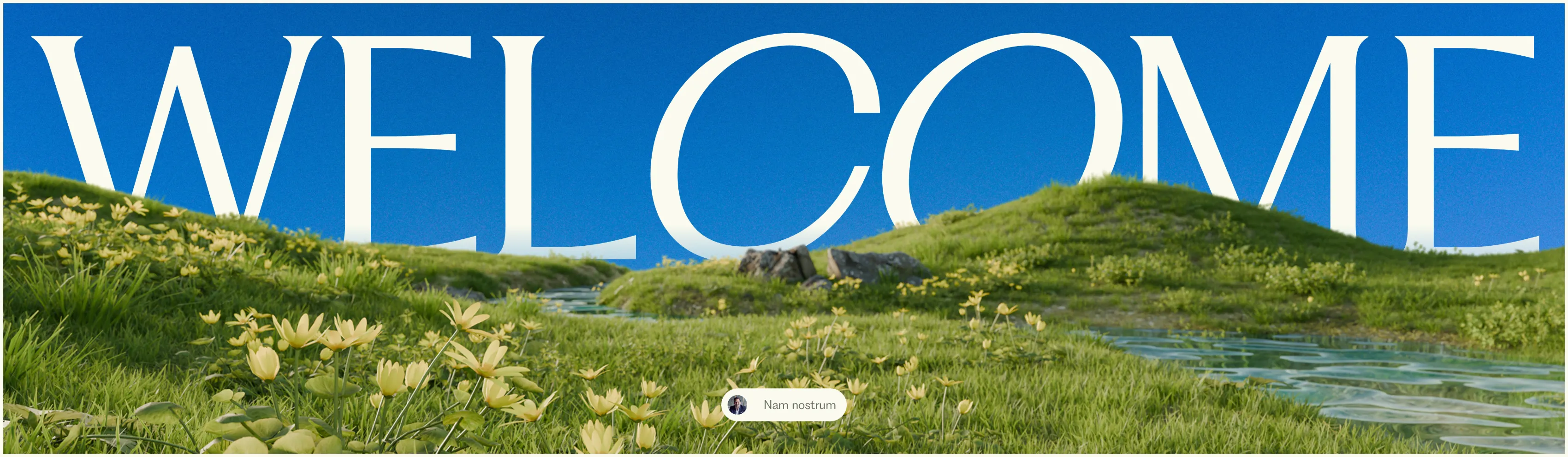 "Welcome" slide from the Hilton production with a flowering meadow under a blue sky