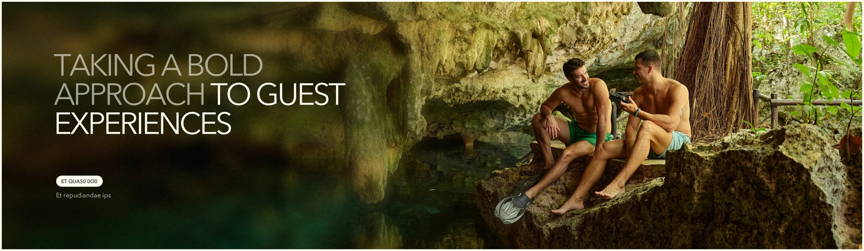 Hilton slide 'Taking a Bold Approach to Guest Experiences', two men seated in a cenote after a dive