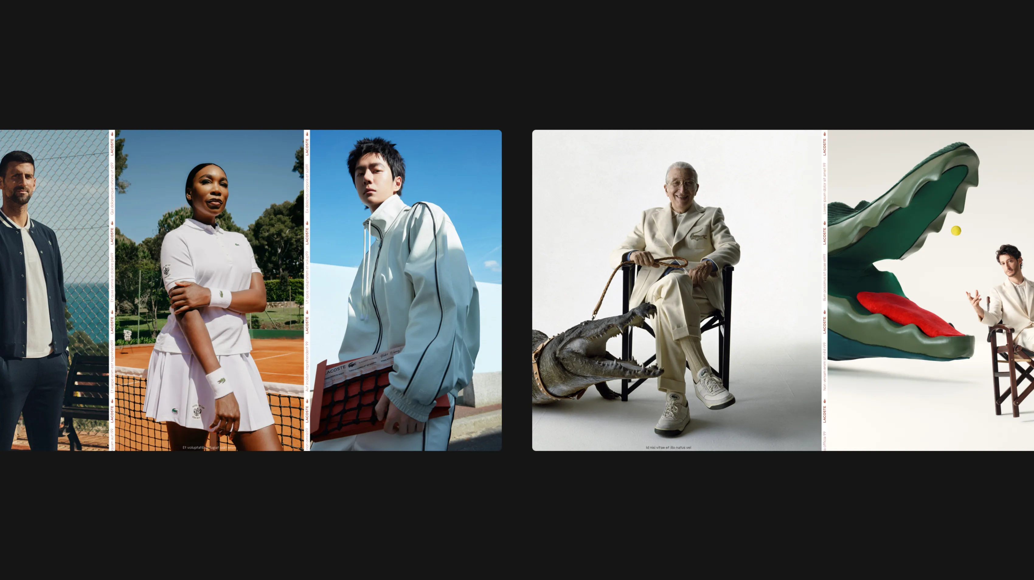 Lacoste GSM SS25 gallery featuring Djokovic, Serena Williams, Wang Yibo, and a man in a suit with a crocodile.