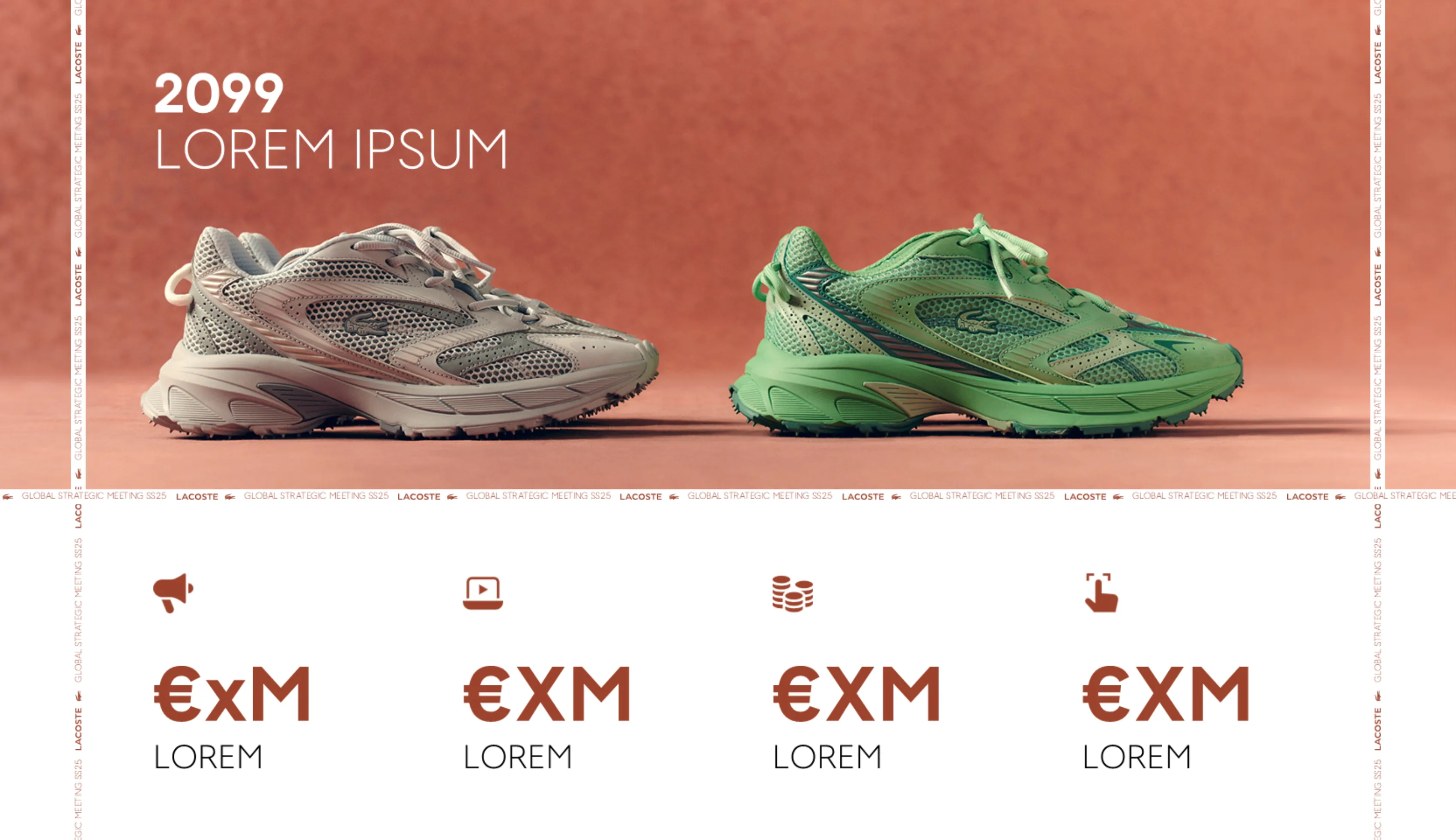 Lacoste GSM SS25 slide presenting two sneakers (grey and green) alongside icon-based figures.