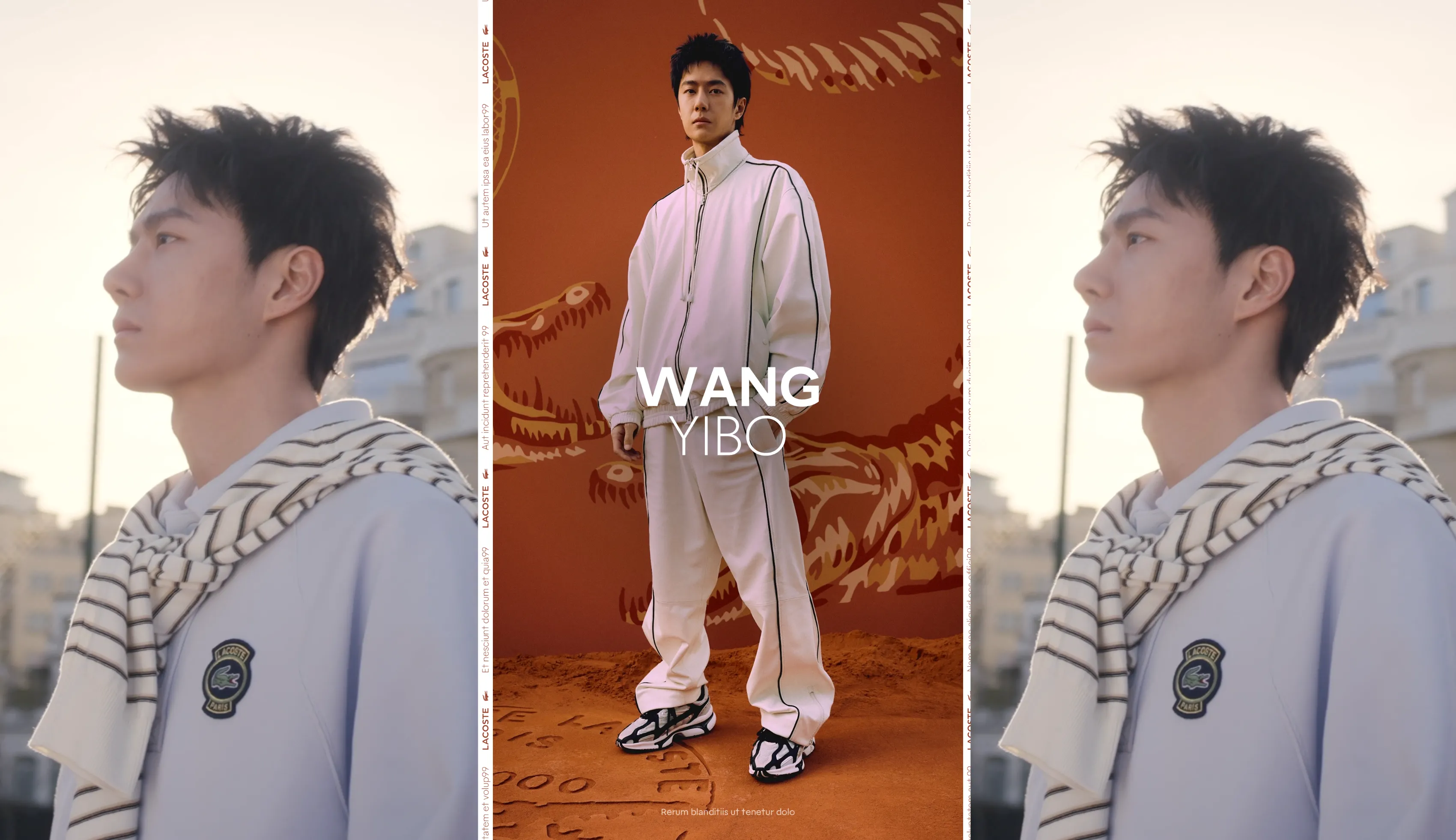 Advertising portrait of Wang Yibo wearing a Lacoste tracksuit as brand ambassador.