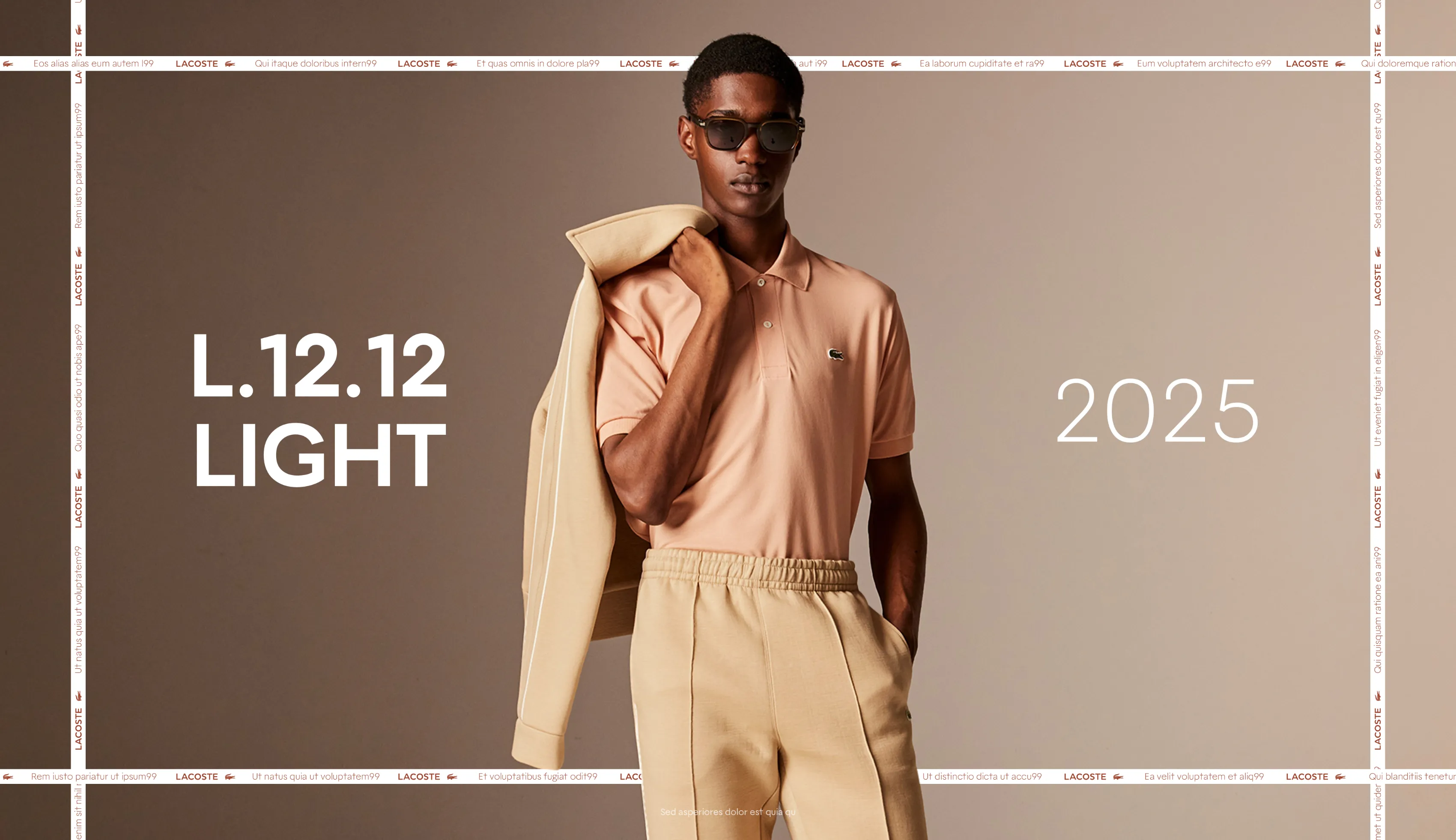 Slide from the Lacoste “L.12.12 Light 2025” production: model in a salmon polo, beige jacket over the shoulder