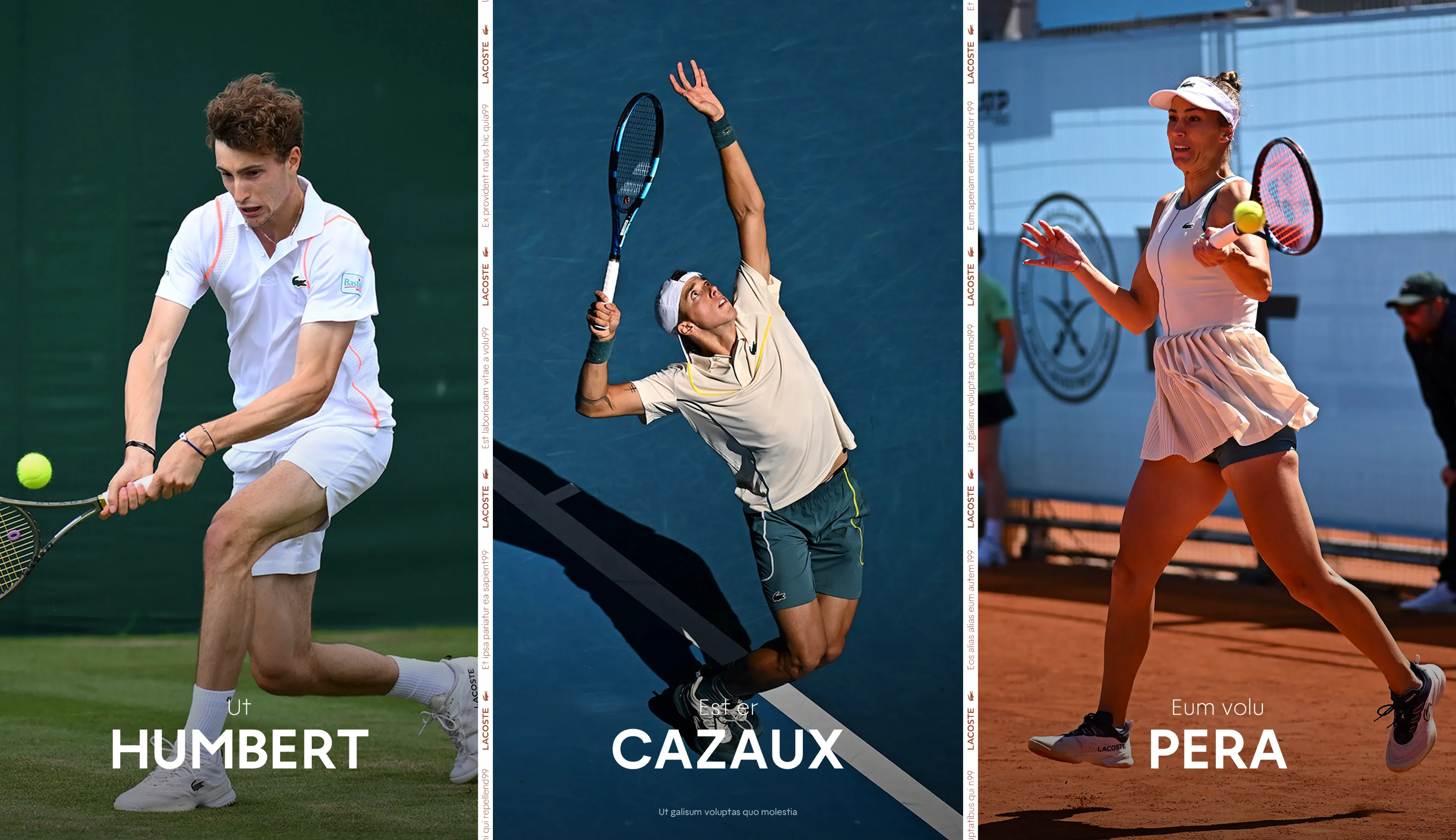 Slide from the Lacoste production: action portraits of tennis players Humbert, Cazaux and Pera