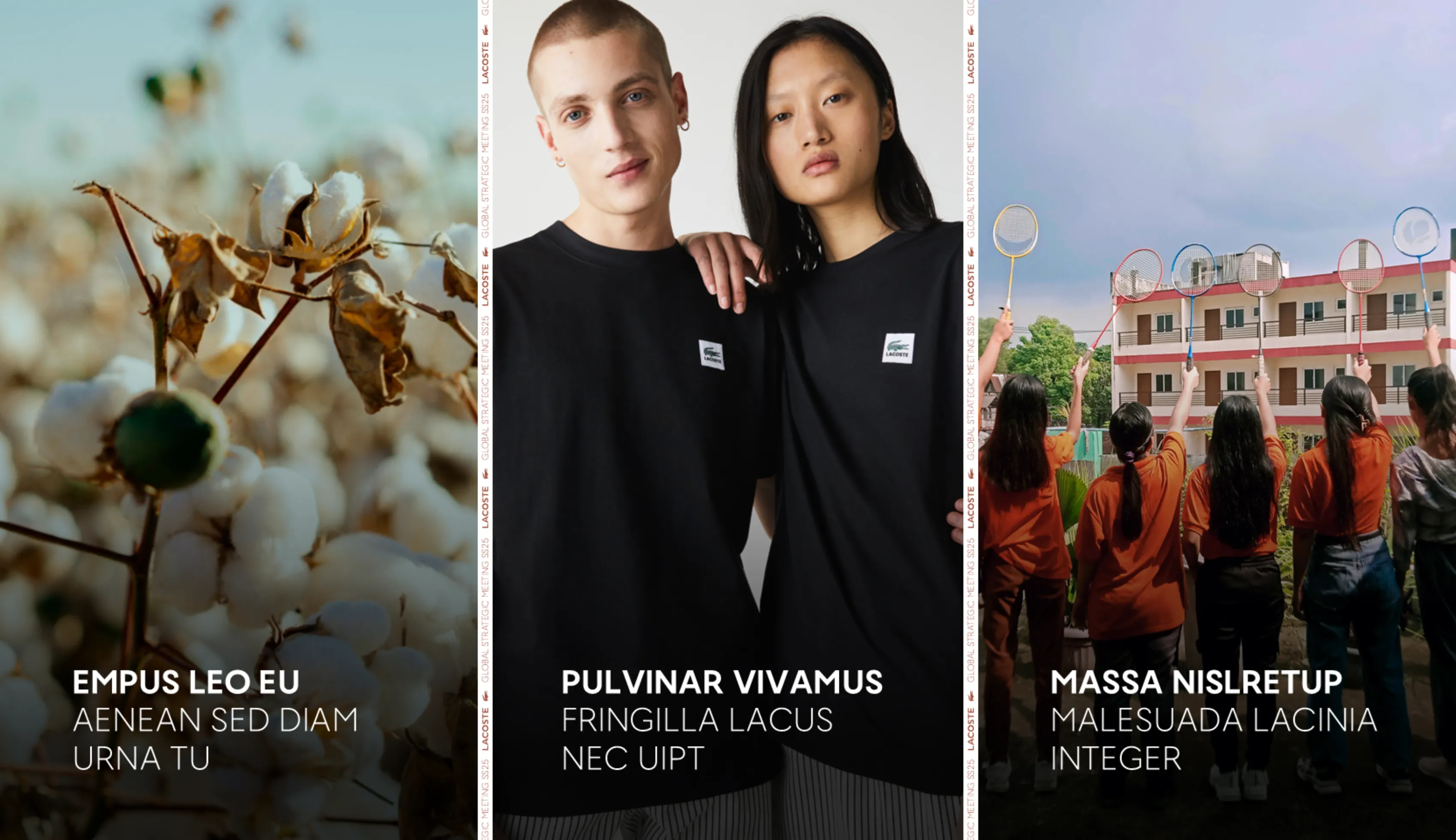 Lacoste GSM SS25 slide showing a cotton field, a duo in black t-shirts, and a group of girls playing badminton.