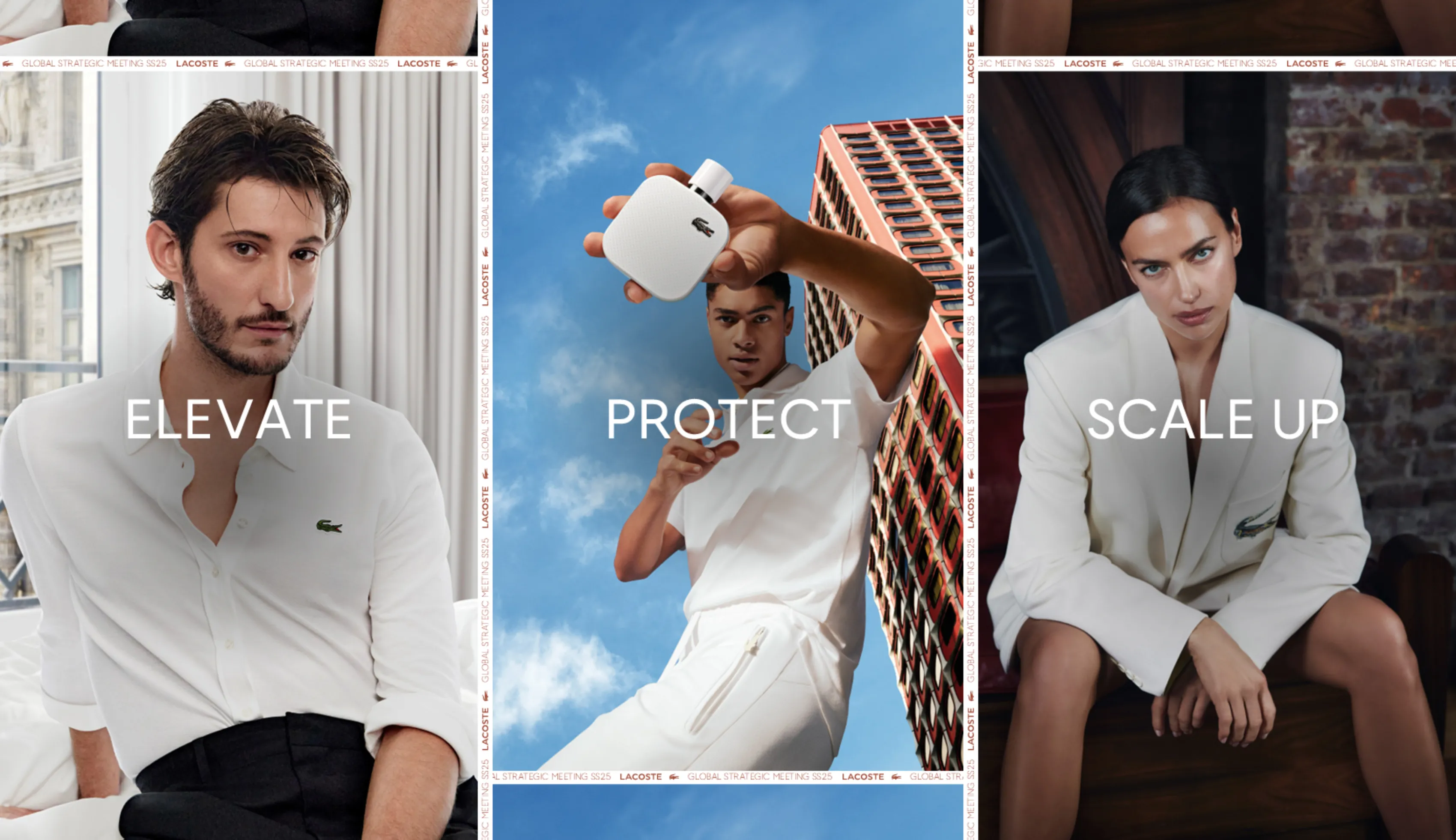 Lacoste GSM SS25 slide illustrating the "Elevate," "Protect" and "Scale Up" pillars with three portraits.