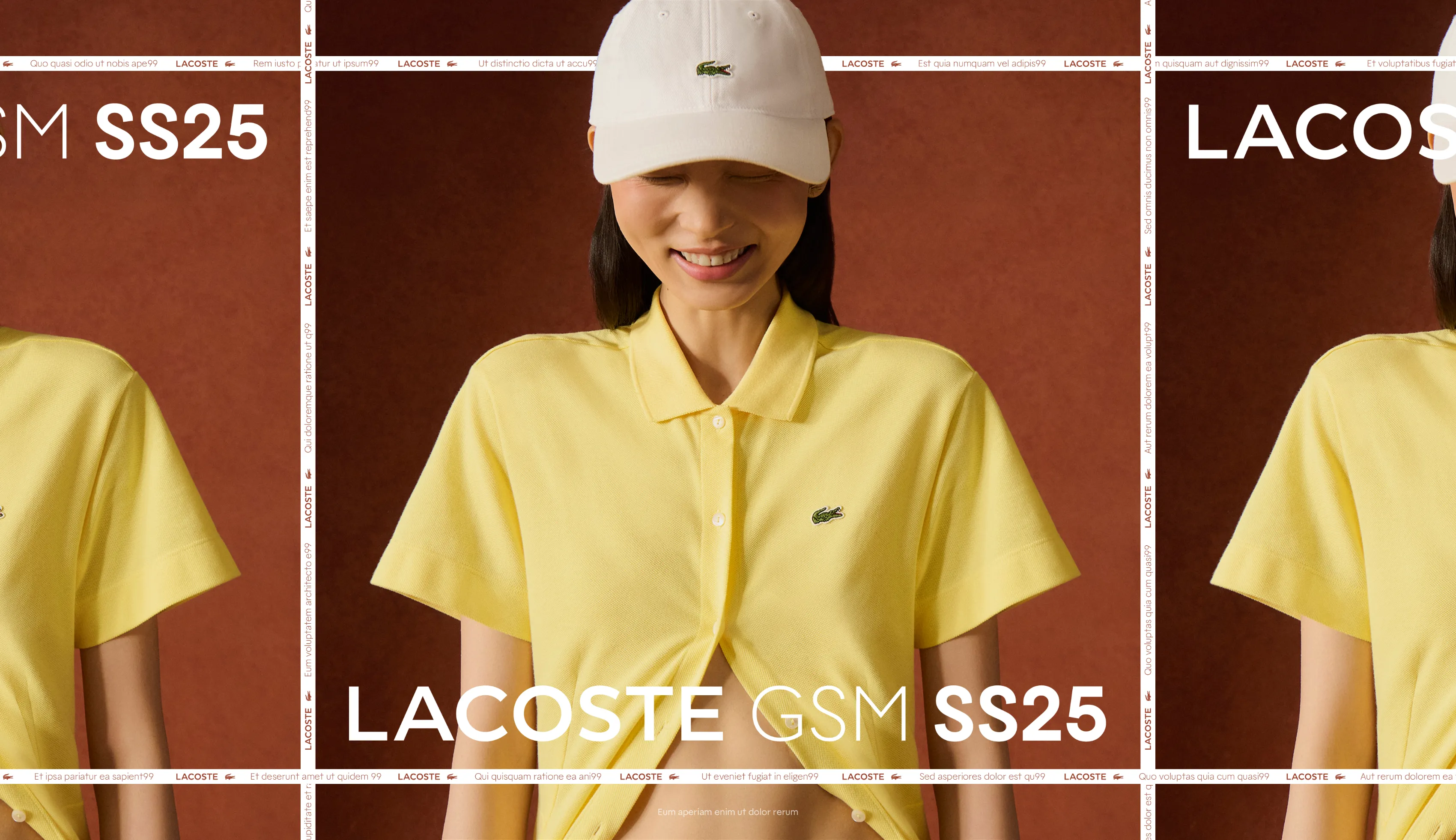 Cover slide of the Lacoste GSM SS25 presentation, model wearing a yellow polo shirt and white cap.