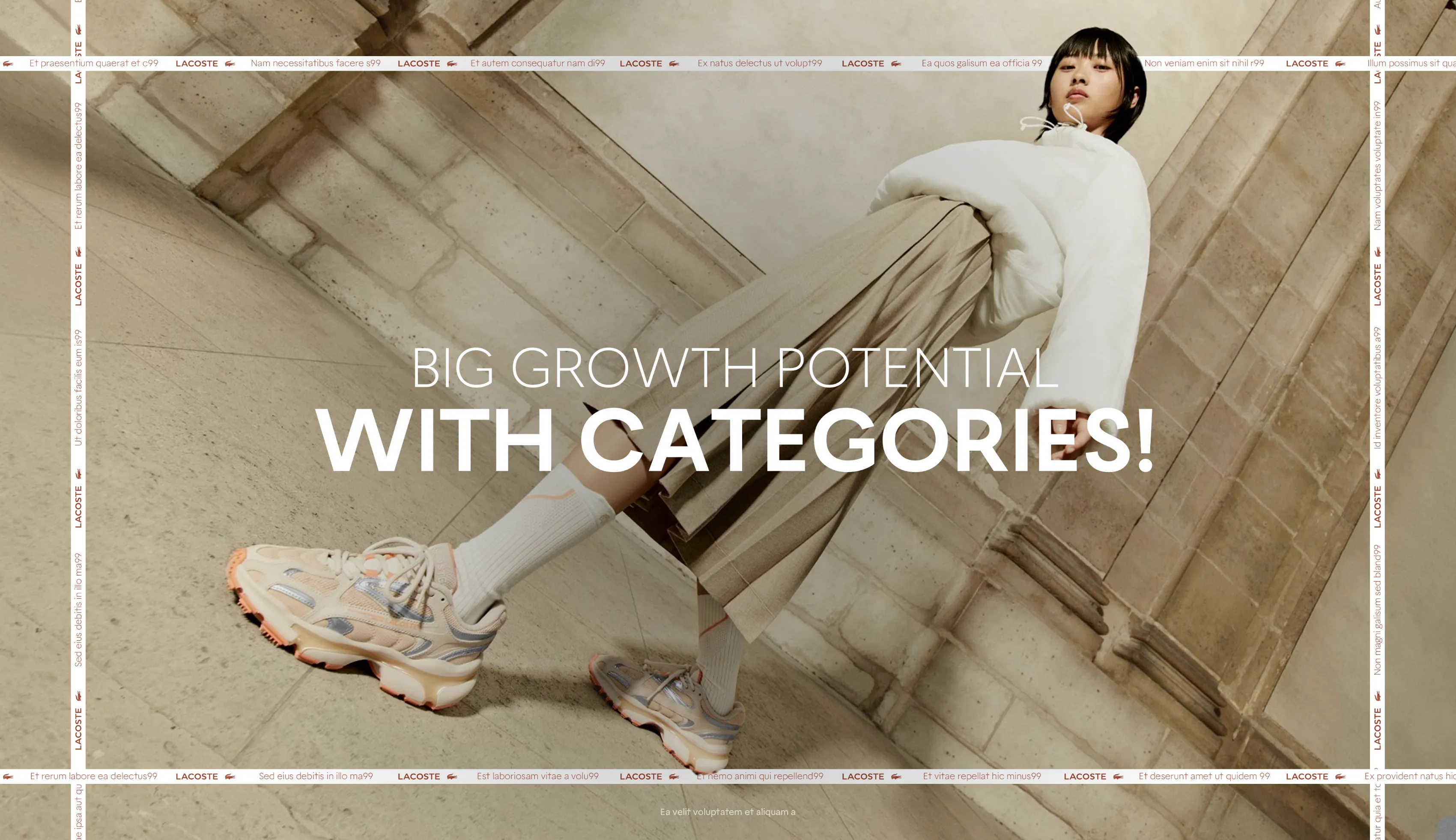 Lacoste GSM SS25 slide "Big Growth Potential With Categories," model in a beige outfit and sneakers.