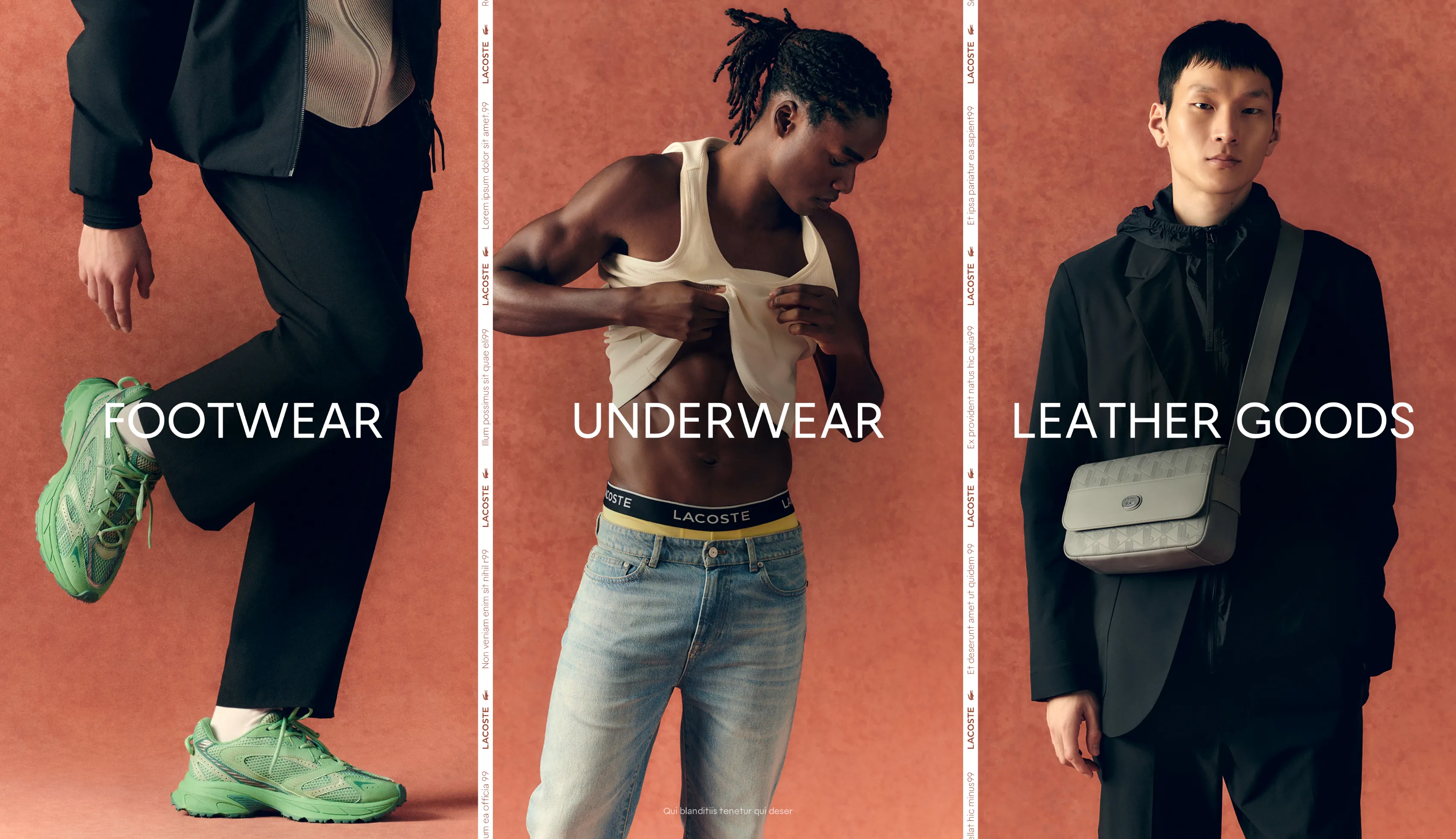 Lacoste GSM SS25 slide illustrating the "Footwear," "Underwear" and "Leather Goods" categories.