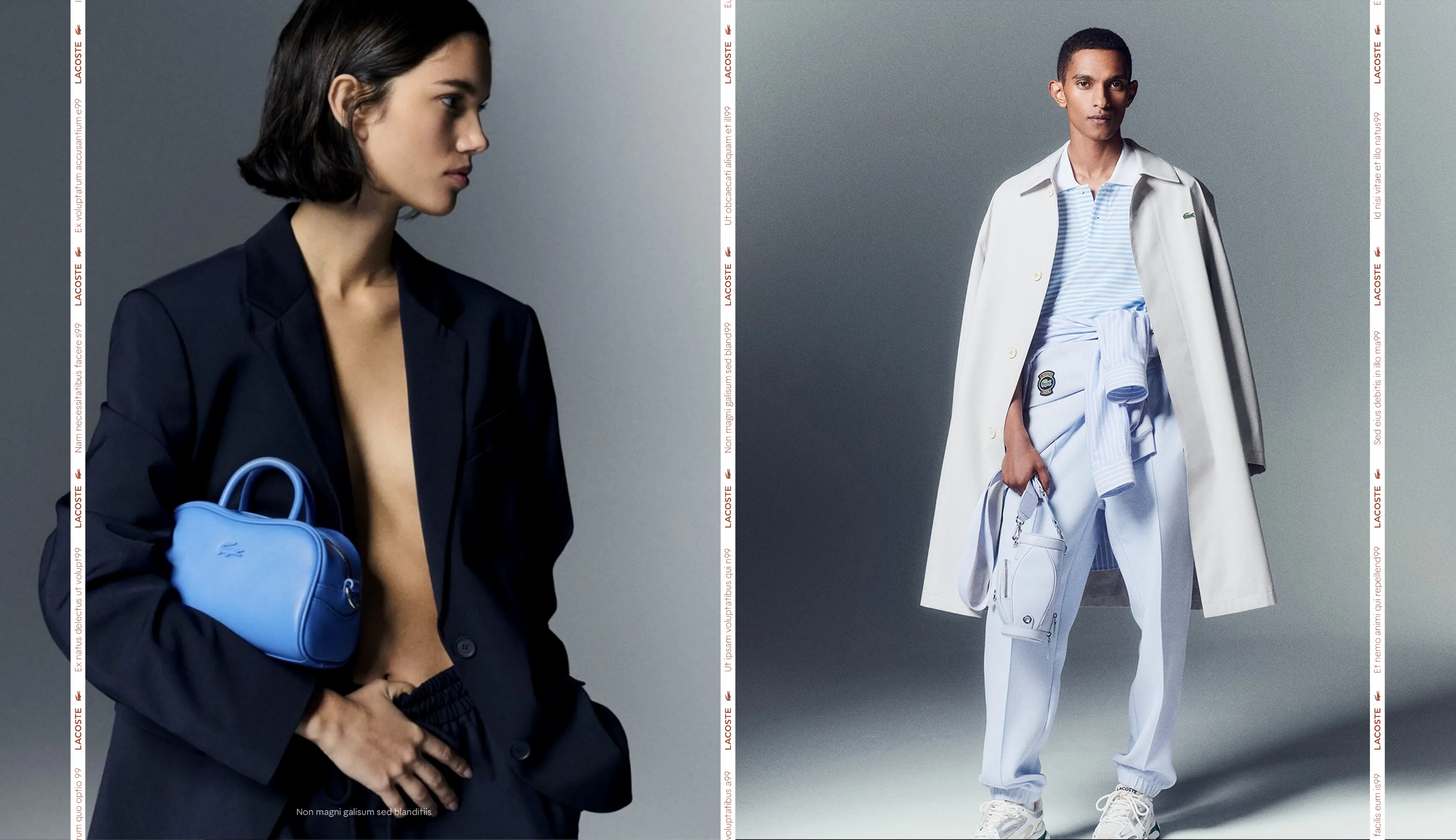 Lacoste models: a blue handbag worn with a black suit, and a white coat over a light-blue outfit.
