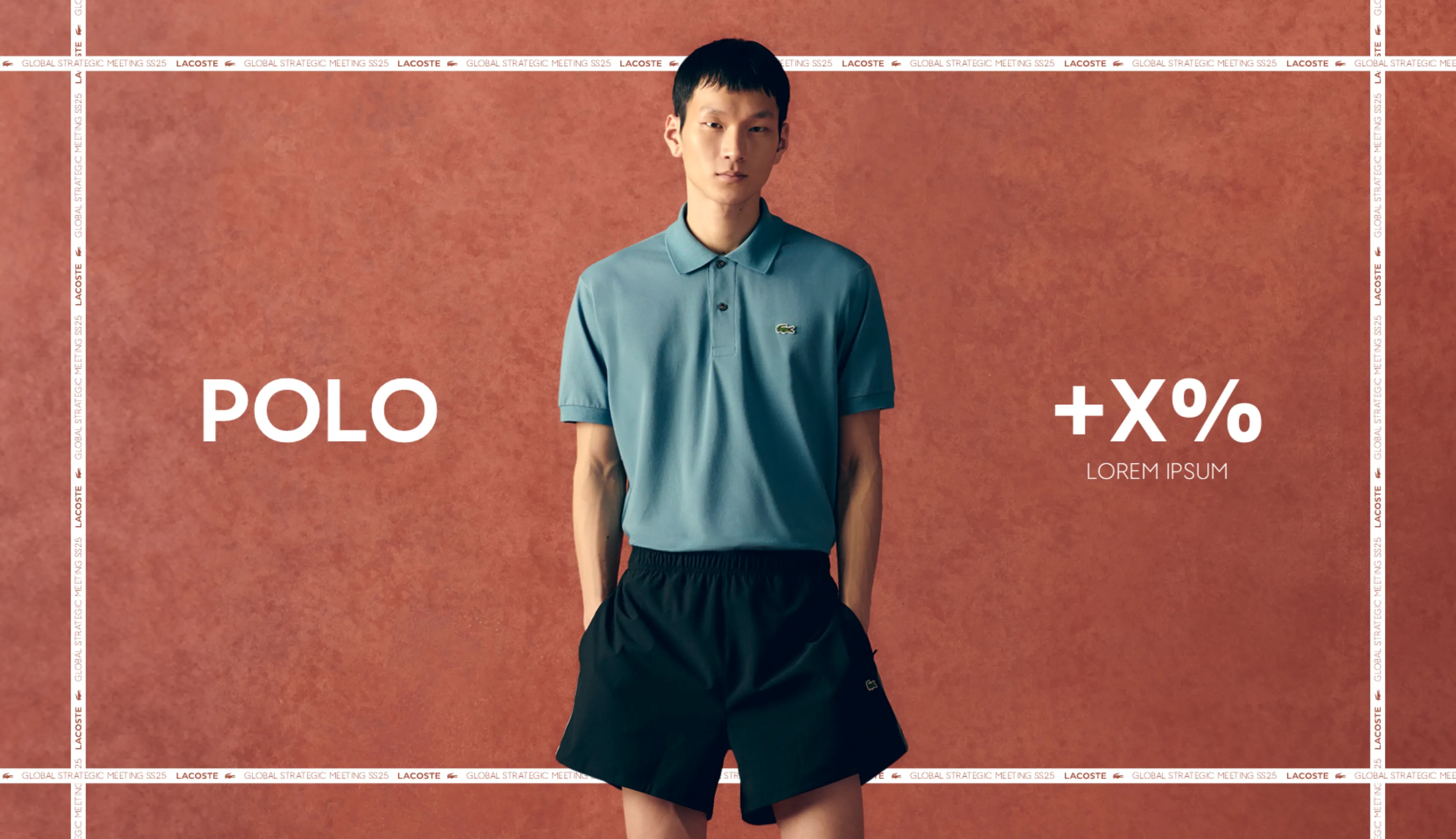 Lacoste GSM SS25 slide on the "Polo" category, model wearing a blue polo shirt and black shorts.