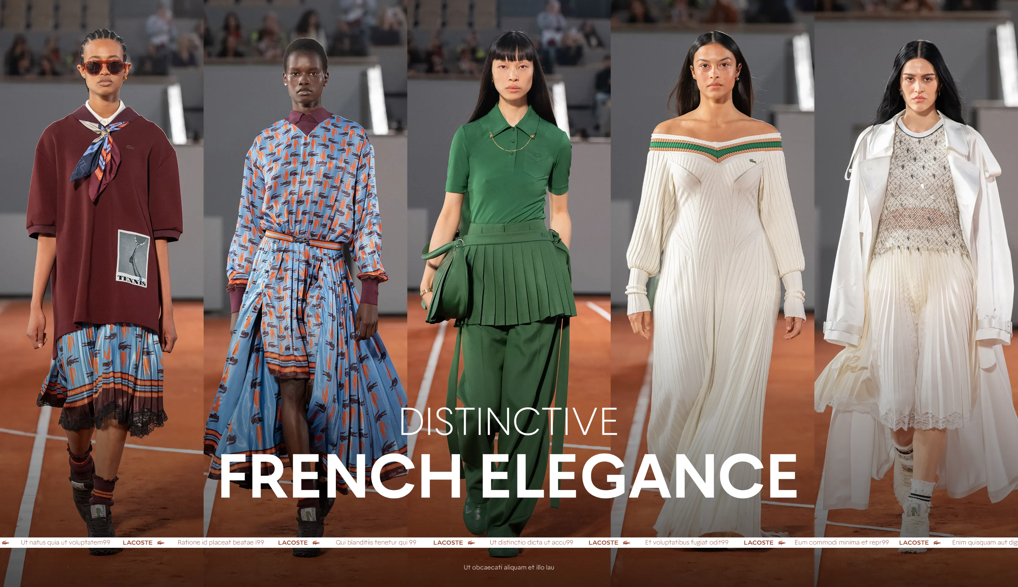 Slide from the Lacoste production: Roland-Garros runway “Distinctive French Elegance” with five models on court