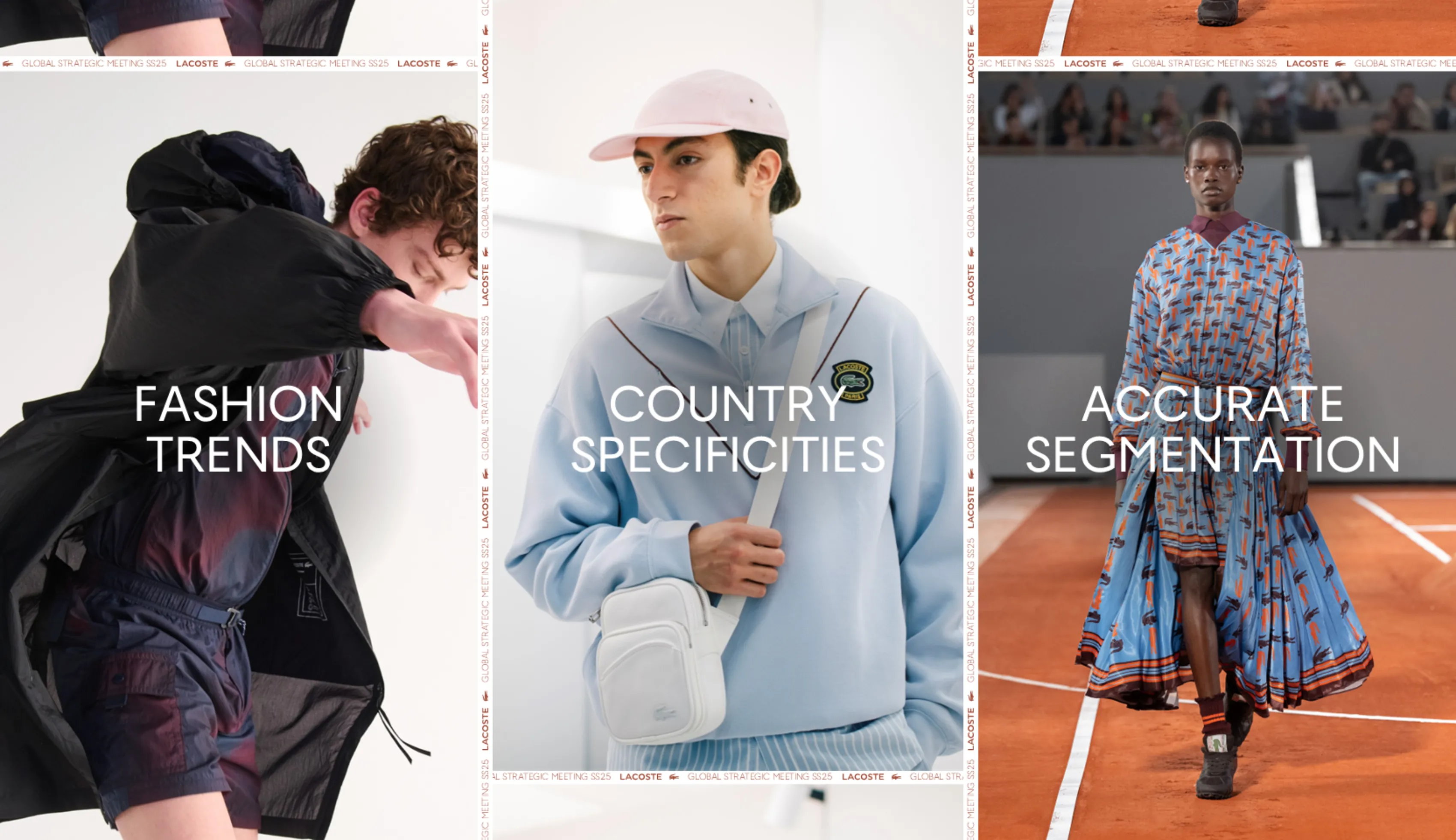 Lacoste GSM SS25 slide illustrating "Fashion Trends," "Country Specificities" and "Accurate Segmentation."