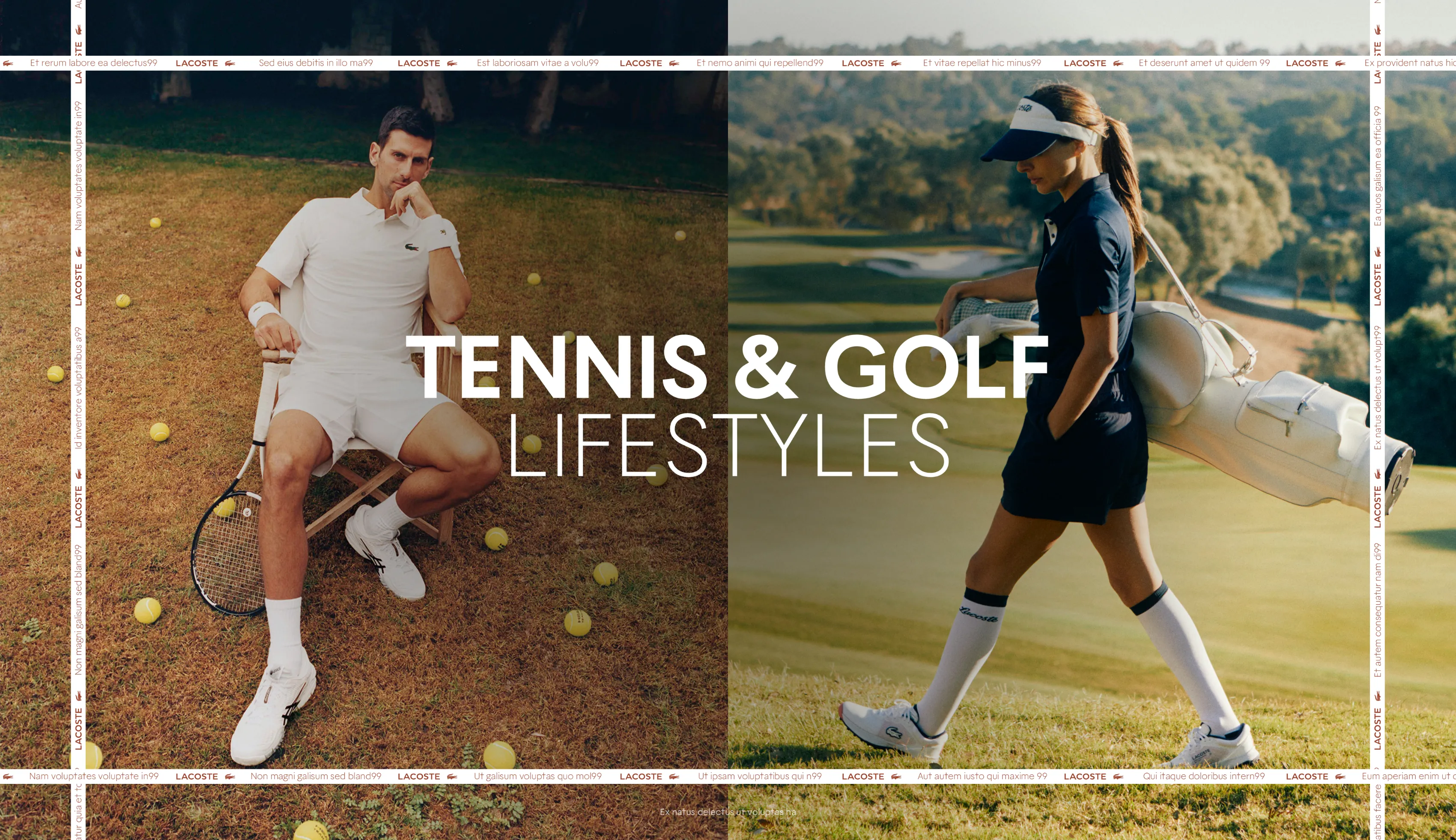 Lacoste GSM SS25 slide "Tennis & Golf Lifestyles," a tennis player seated courtside and a golfer on the course.