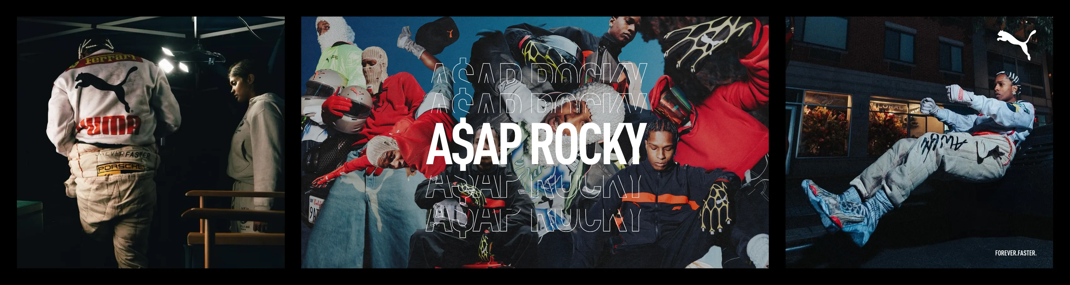 Slide from the Puma production: “A$AP Rocky” campaign featuring Puma racing suits