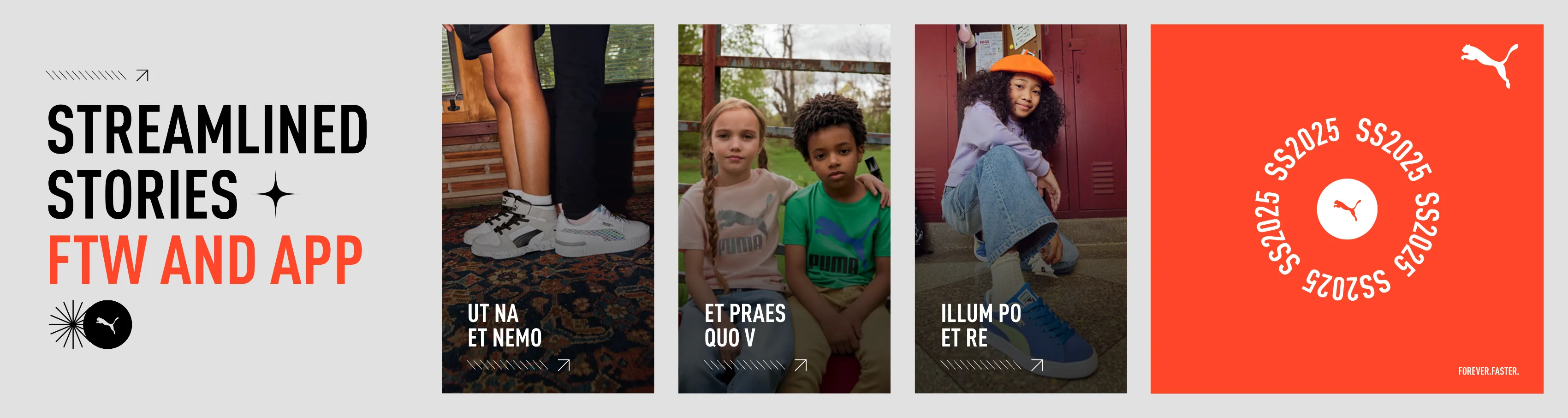Slide from the Puma “Streamlined Stories” production: children in Puma sneakers, FTW and App