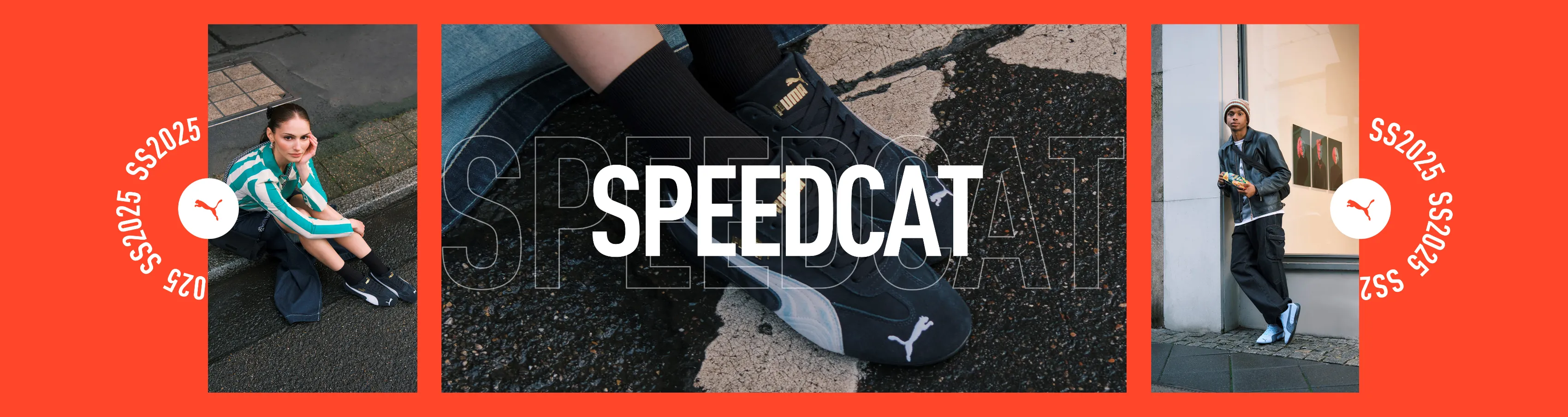 Mosaic banner for the Puma Speedcat SS2025 campaign with street style portraits and a sneaker close-up