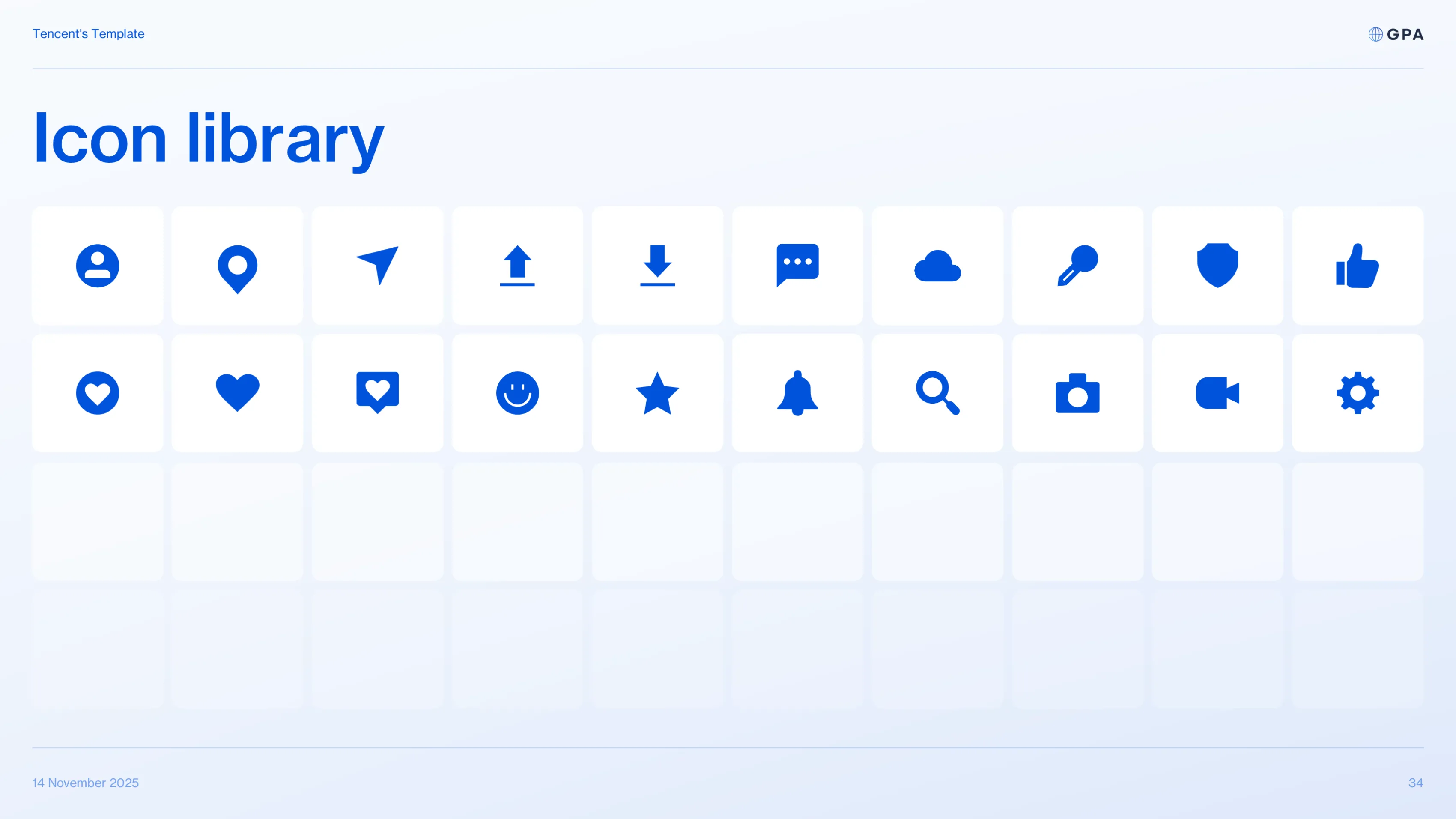 Bibliothèque d'icônes du template Tencent (localisation, notification, cœur, étoile, etc.)