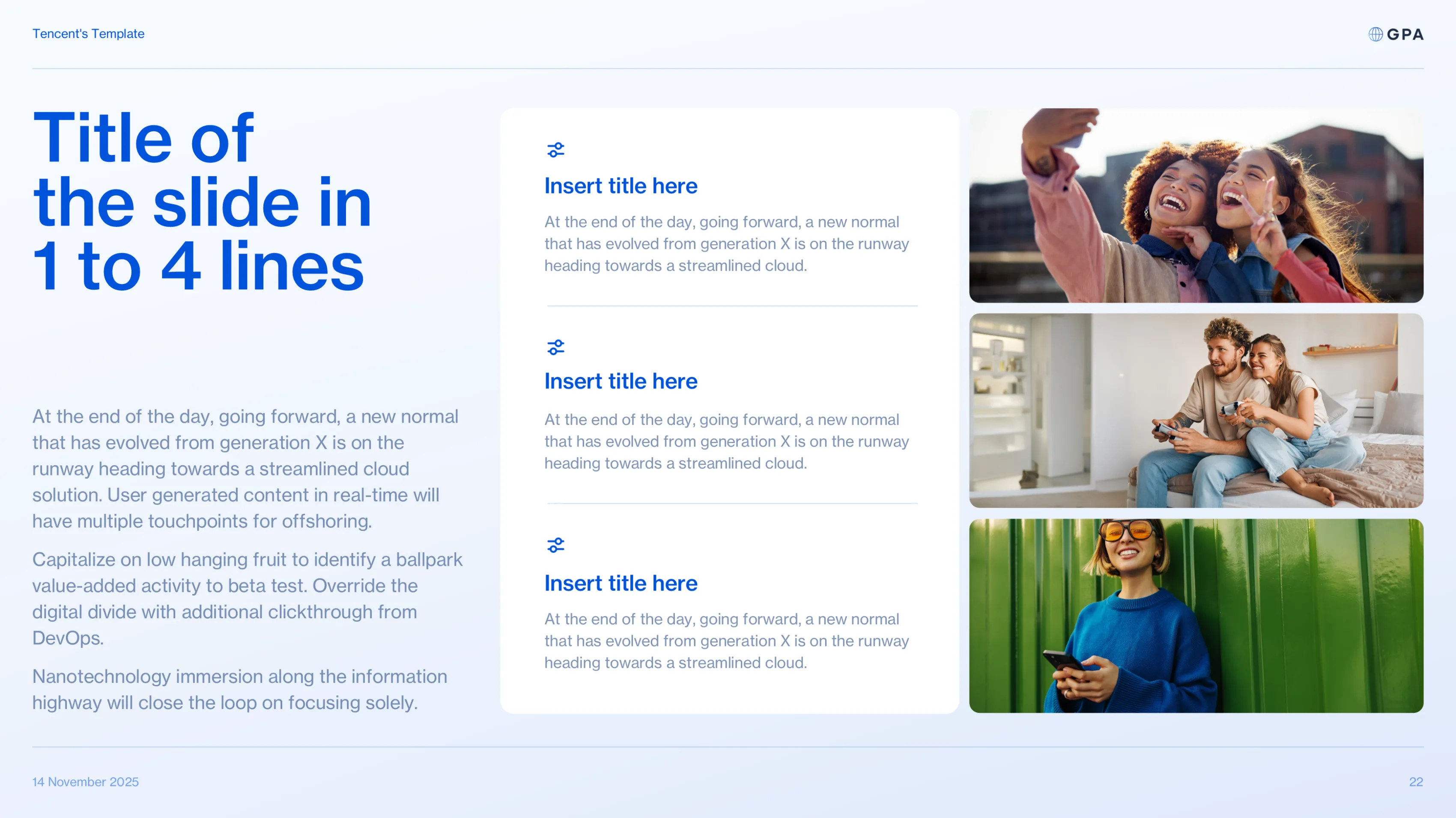 Slide de template avec trois photos lifestyle : selfie entre amies, couple jouant, femme souriante
