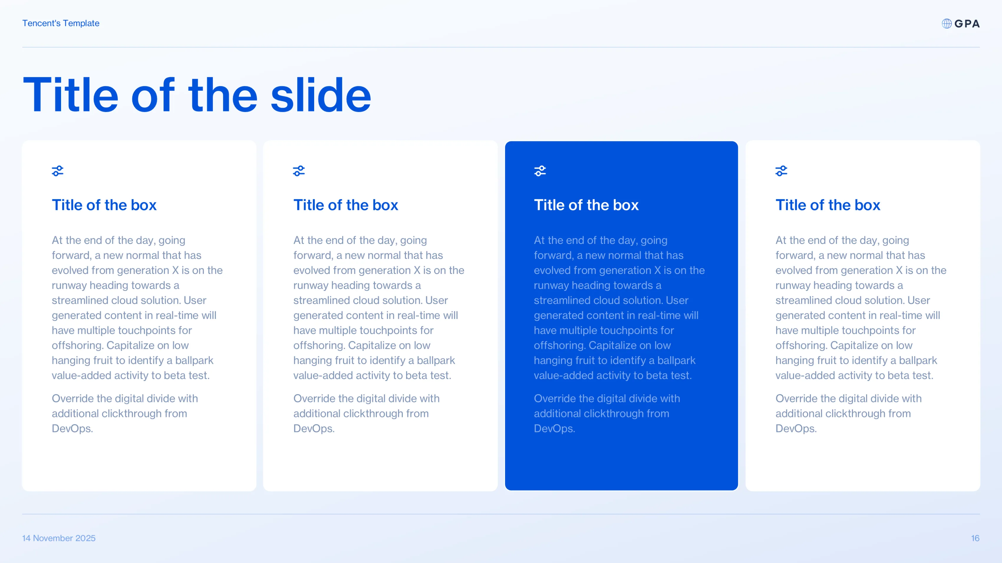Slide de template avec quatre encadrés de texte génériques « Title of the box »