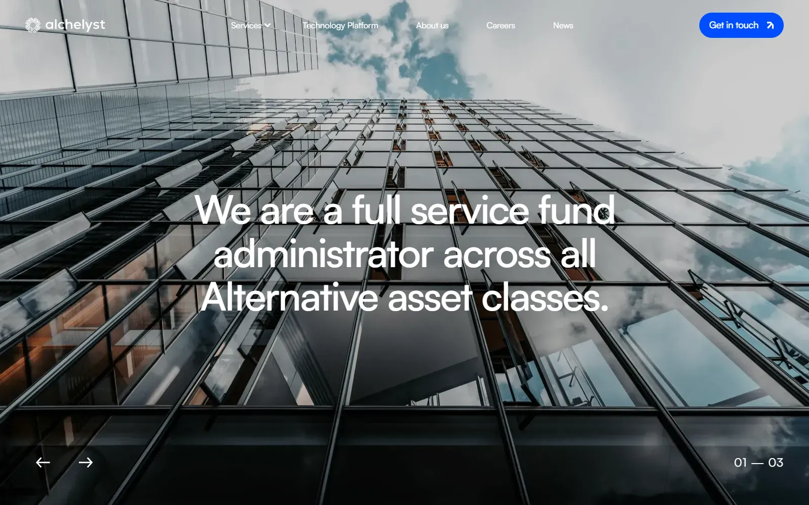 Alchelyst fund administrator homepage with a low-angle view of a skyscraper
