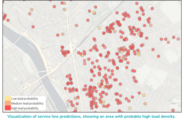 Visualization of service line predictions, showing an area with probable high lead density.