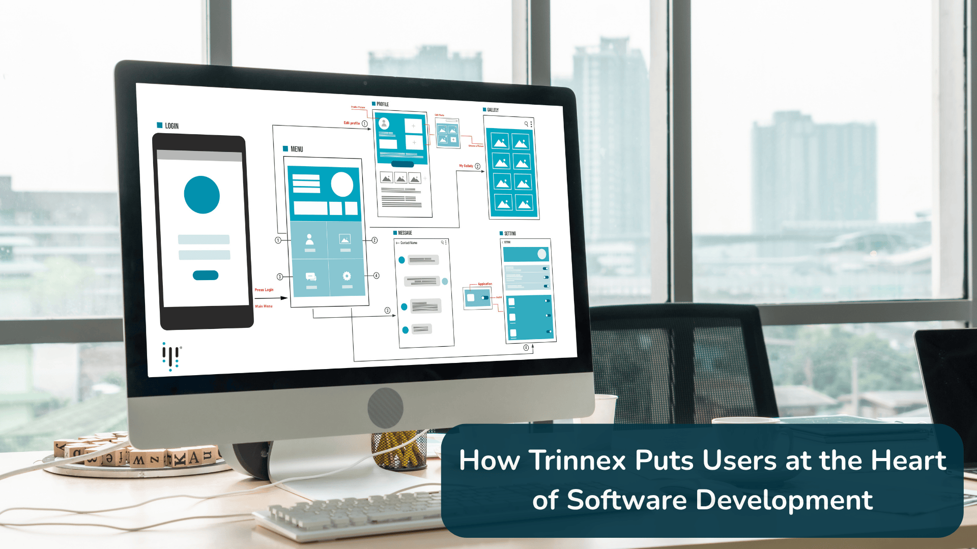 Woman across the table from 2 men talking