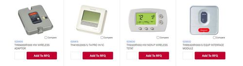Image of four products that have an add to RFQ button to build a quote on the Century HVAC eCommerce website