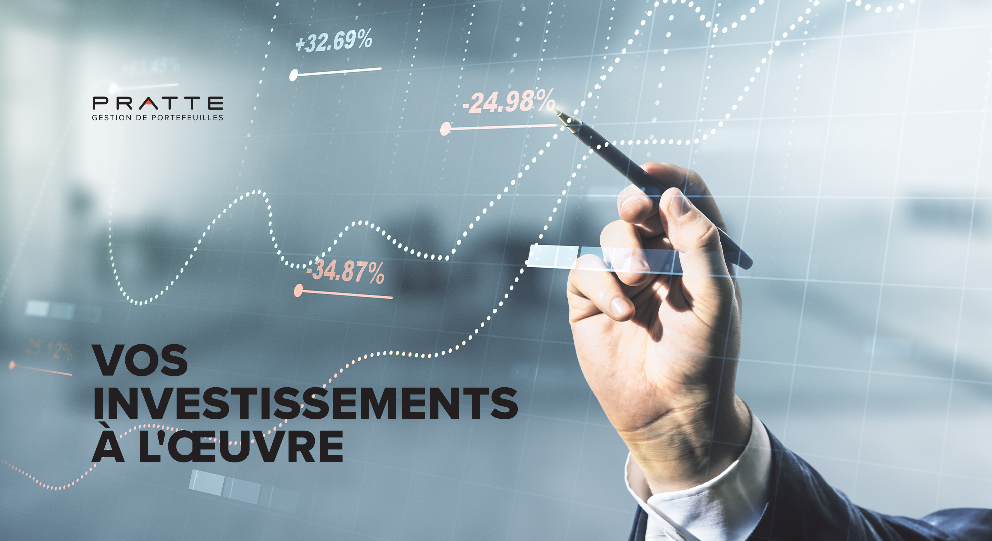 Vos investissements à l’œuvre — Pratte Gestion de Portefeuilles, avec une main pointant un graphique financier illustratif.