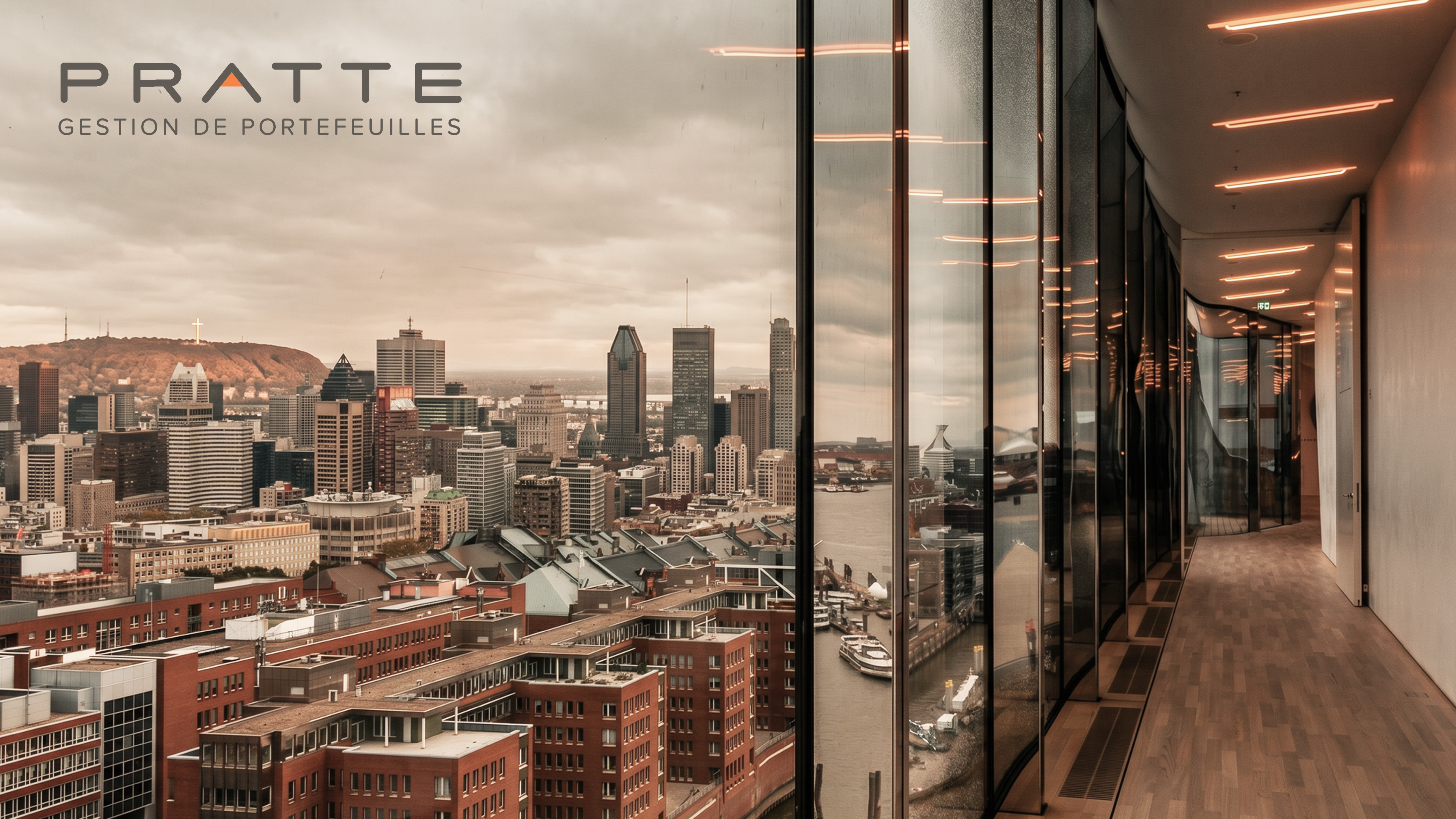 View of downtown Montréal and Mount Royal from a glass-lined corridor, with the Pratte Gestion de Portefeuilles logo.