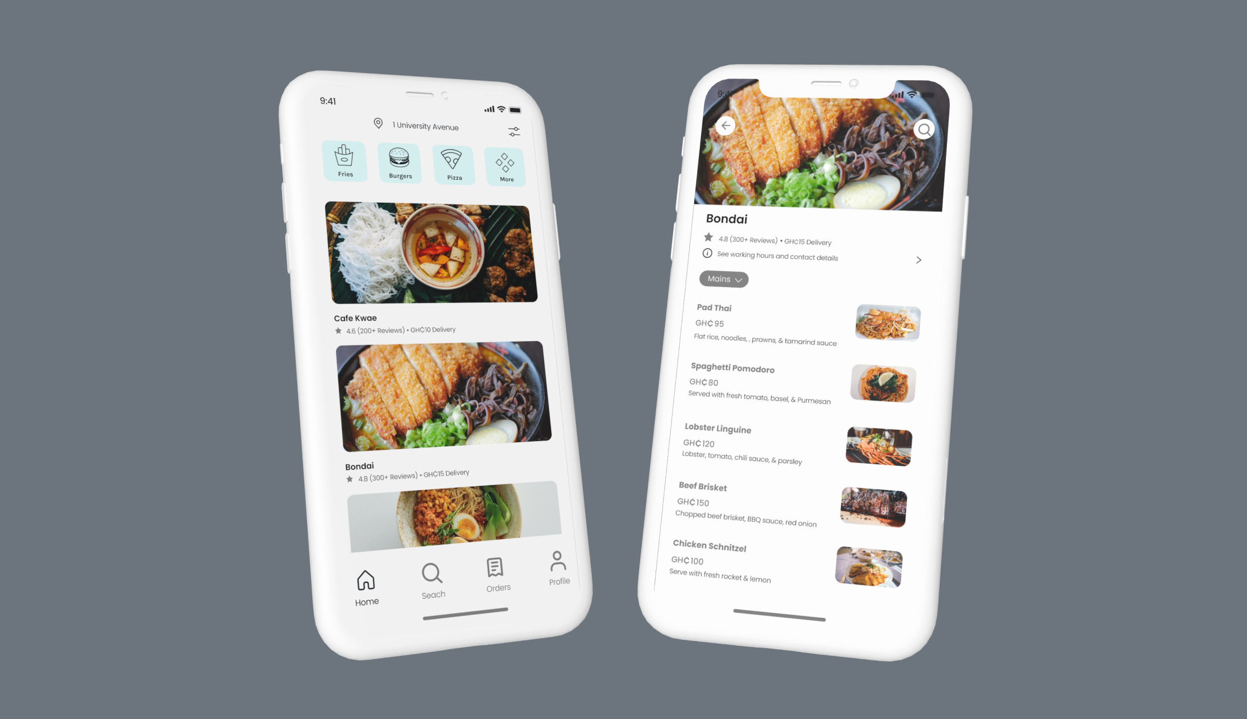 Two mockups for the Munchies app on a grey background.