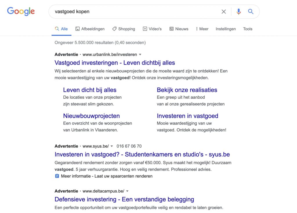 Google zoekadvertenties voorbeeld